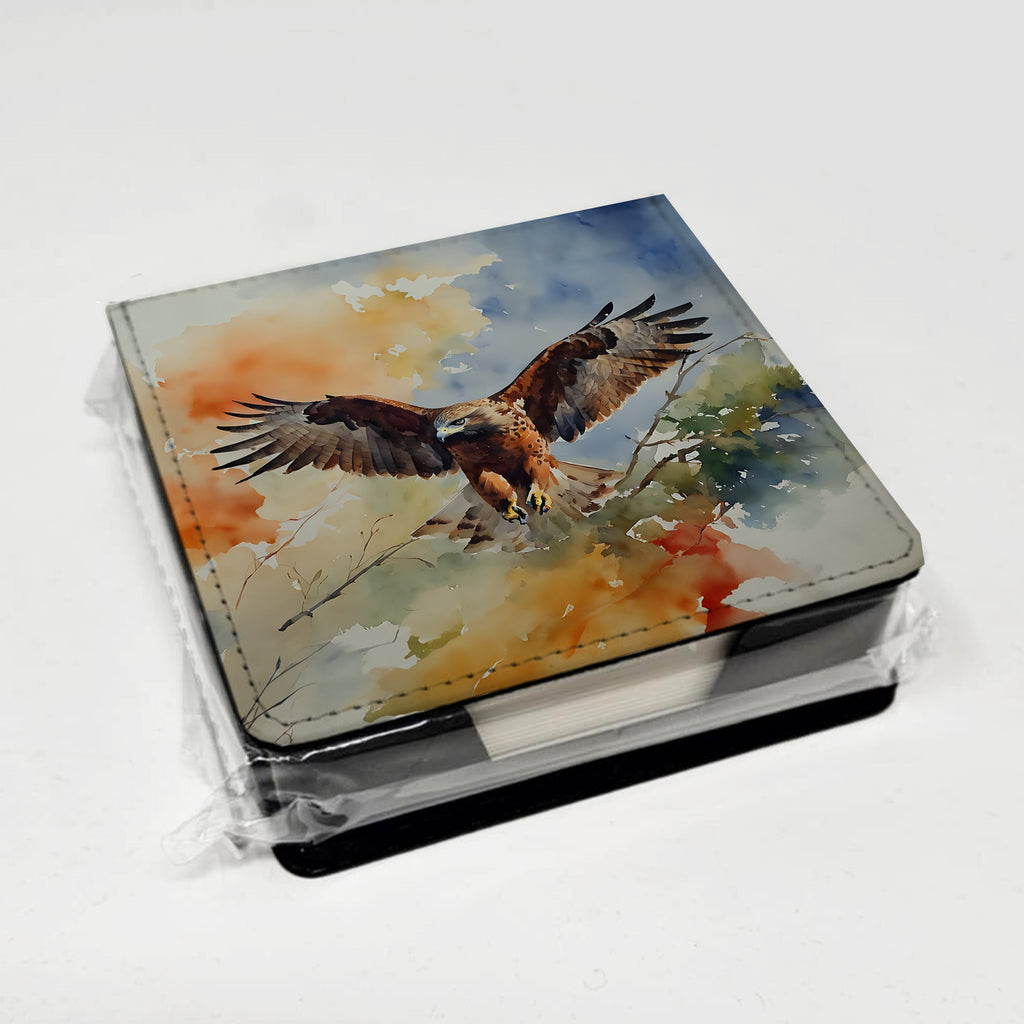 Red Tailed Hawk Landing Wings Spread PU Leather Note Paper Holder with Artist-Designed Cover, Desk Accessory, Office Gift