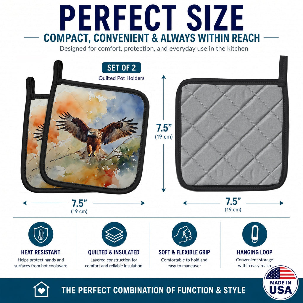 Red Tailed Hawk Landing Wings Spread Pot Holder Set of 2 Heat Resistant Quilted Hot Pads 7.5 x 7.5 Inch, Insulated Kitchen Trivets for Cooking & Baking