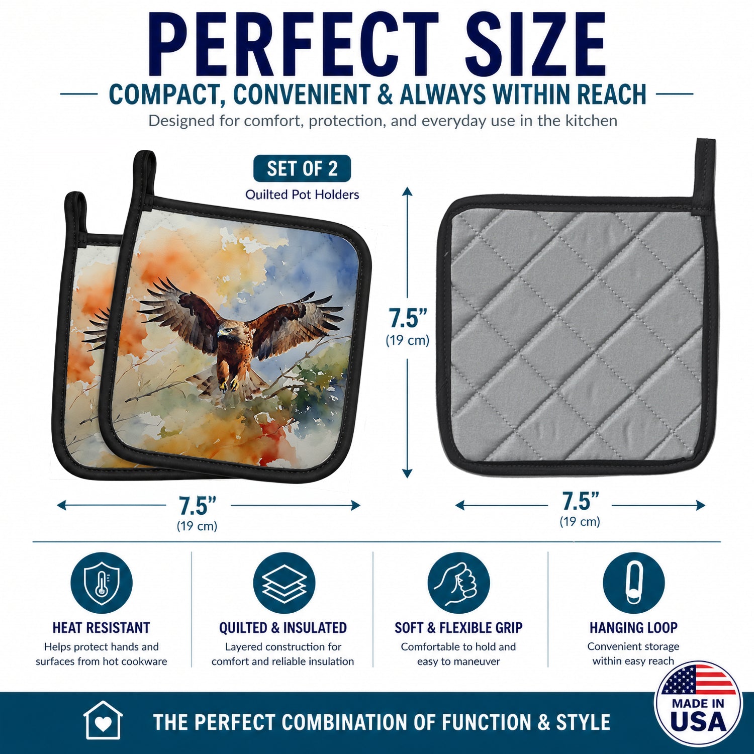 Red Tailed Hawk Landing Wings Spread Pot Holder Set of 2 Heat Resistant Quilted Hot Pads 7.5 x 7.5 Inch, Insulated Kitchen Trivets for Cooking & Baking