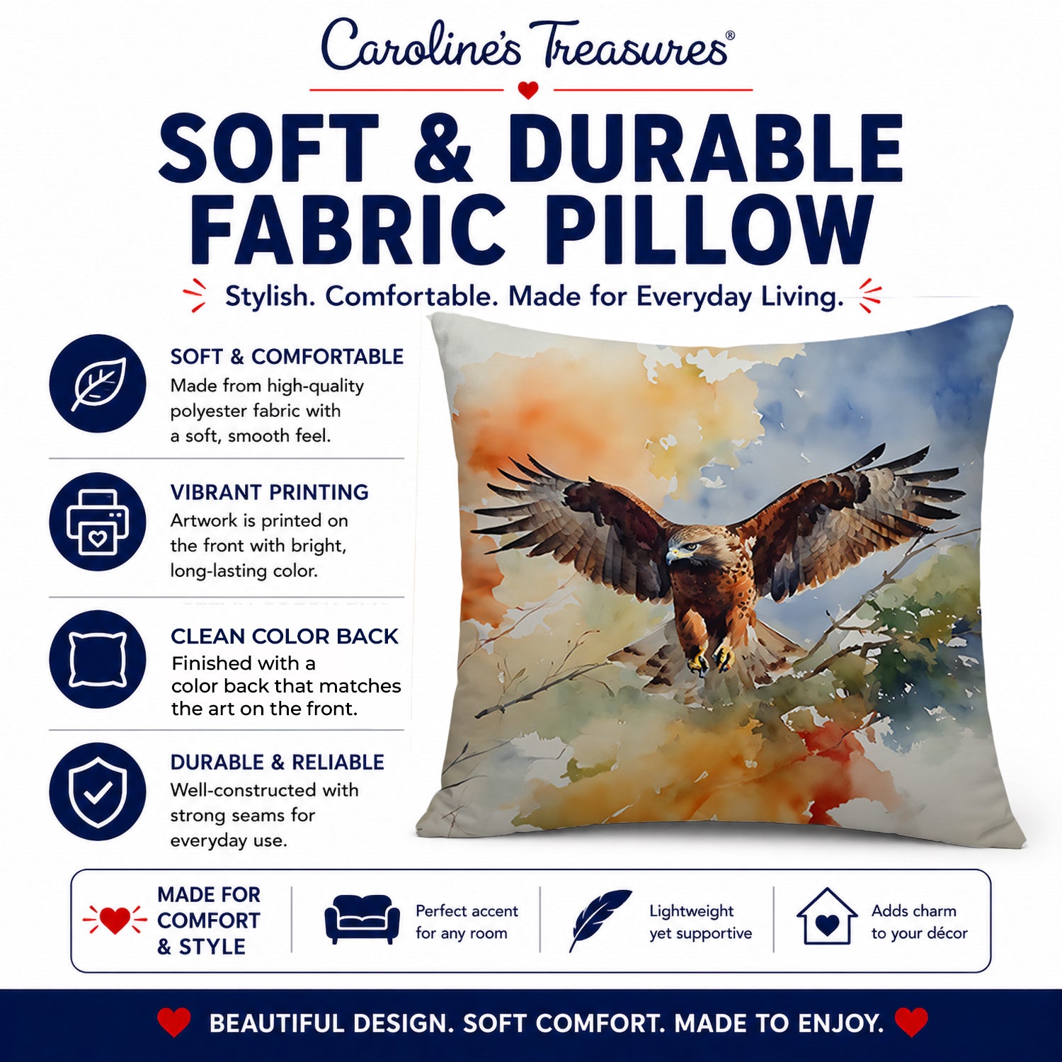 Red Tailed Hawk Landing Wings Spread Decorative Throw Pillow 14x14 Indoor Outdoor Accent Cushion, Fabric Cover with Insert for Sofa, Bed, Porch & Living Room