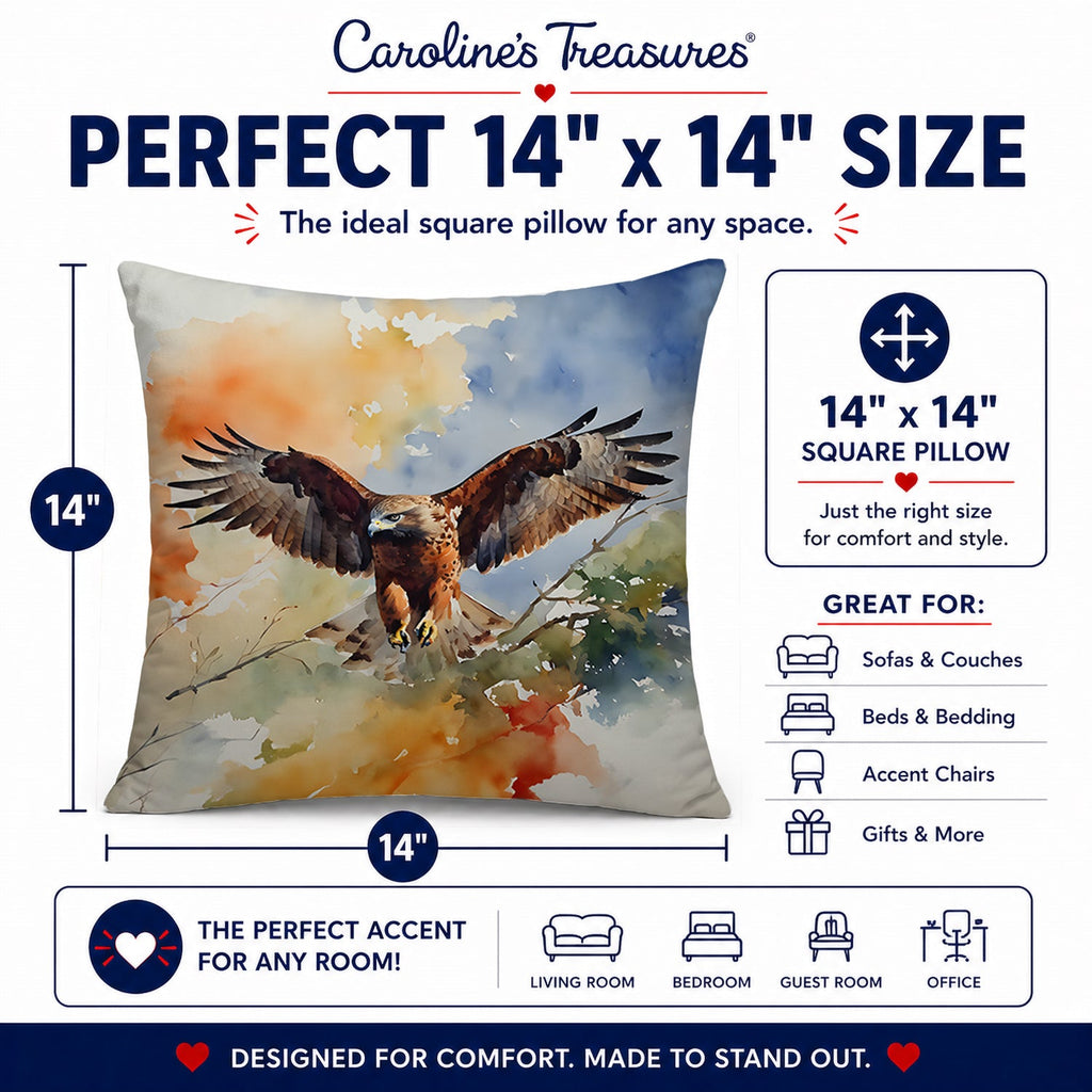 Red Tailed Hawk Landing Wings Spread Decorative Throw Pillow 14x14 Indoor Outdoor Accent Cushion, Fabric Cover with Insert for Sofa, Bed, Porch & Living Room