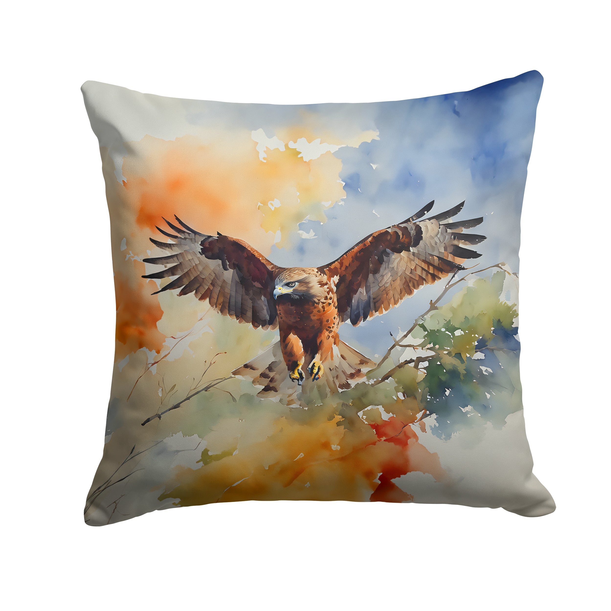 Red Tailed Hawk Landing Wings Spread Decorative Throw Pillow 14x14 Indoor Outdoor Accent Cushion, Fabric Cover with Insert for Sofa, Bed, Porch & Living Room
