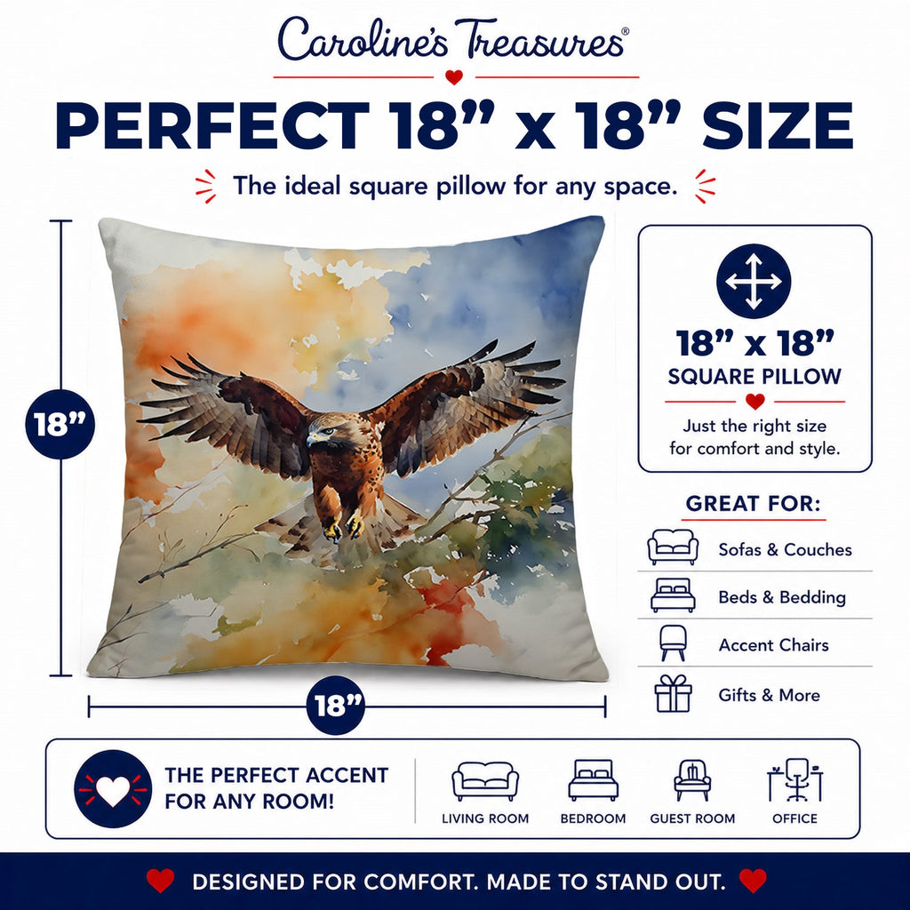 Red Tailed Hawk Landing Wings Spread Decorative Throw Pillow 18x18 Indoor Outdoor Accent Cushion, Fabric Cover with Insert for Sofa, Bed, Porch & Living Room