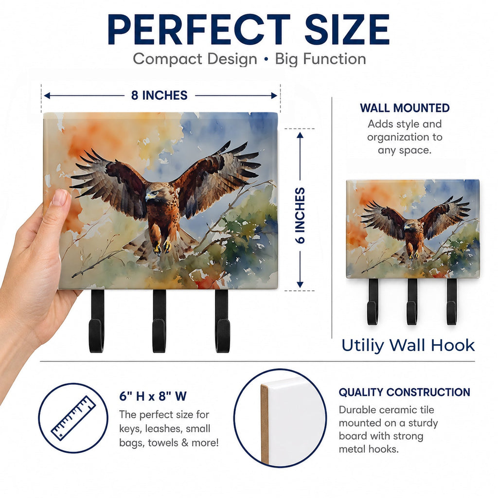 Red Tailed Hawk Landing Wings Spread Leash or Key Holder Wall Hooks, Coat Rack Wall Mount, for Hanging Keys, Towels, Aprons, Leashes