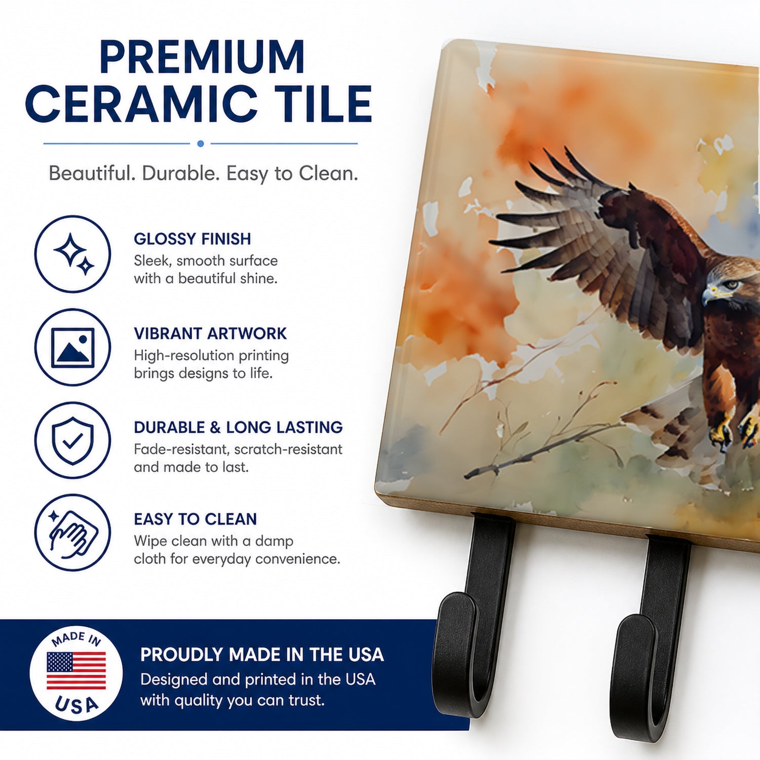 Red Tailed Hawk Landing Wings Spread Leash or Key Holder Wall Hooks, Coat Rack Wall Mount, for Hanging Keys, Towels, Aprons, Leashes
