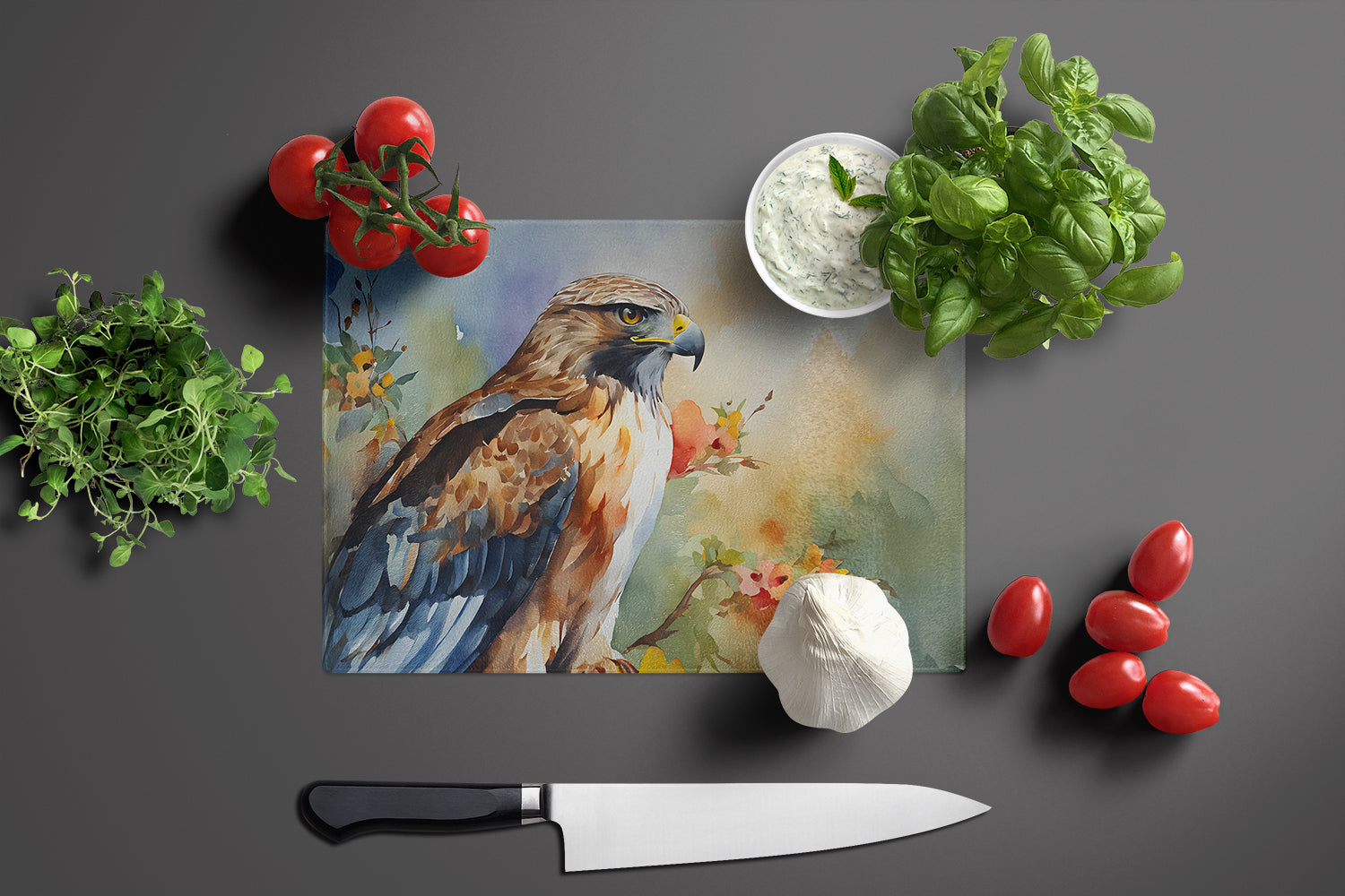 Red Tailed Hawk Portrait Wildlife Cutting Board Tempered Glass Kitchen Cutting Surface, Heat Resistant Chopping, Non-Slip Feet, Food Prep & Serving