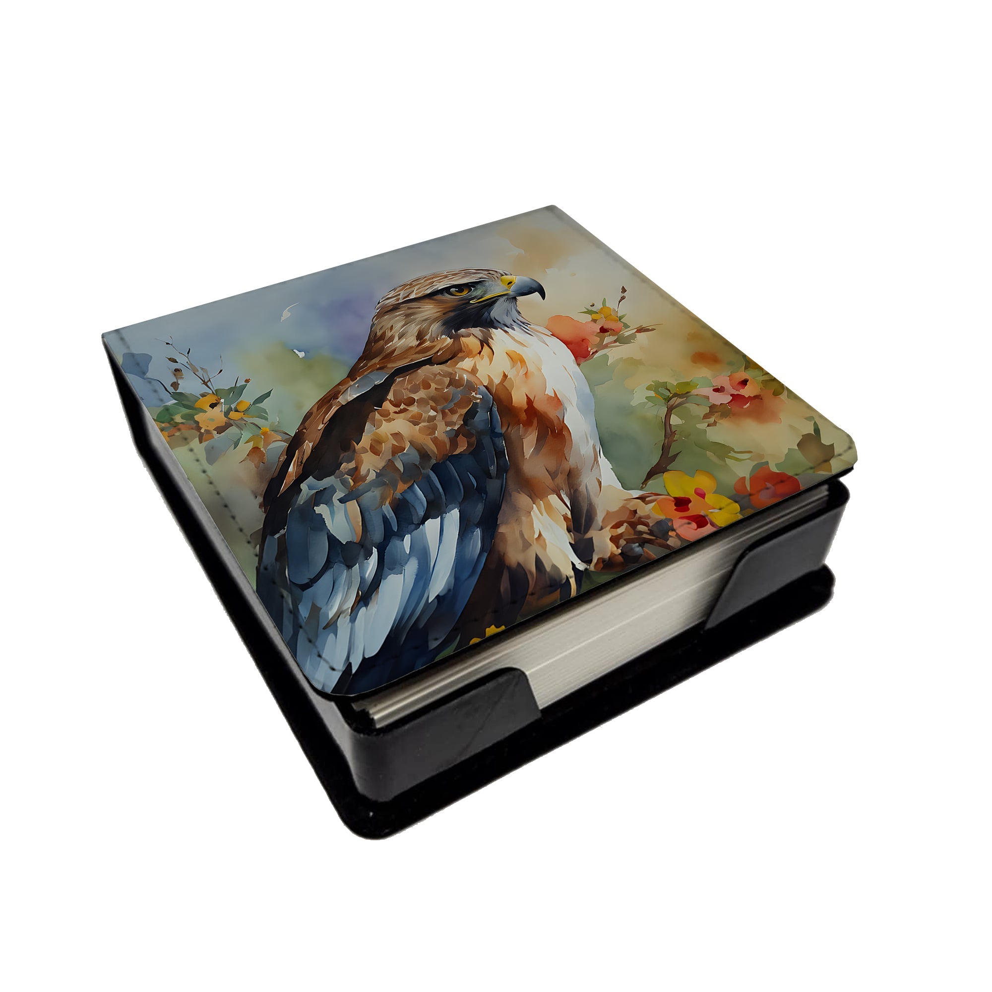 Red Tailed Hawk Portrait Wildlife PU Leather Note Paper Holder with Artist-Designed Cover, Desk Accessory, Office Gift