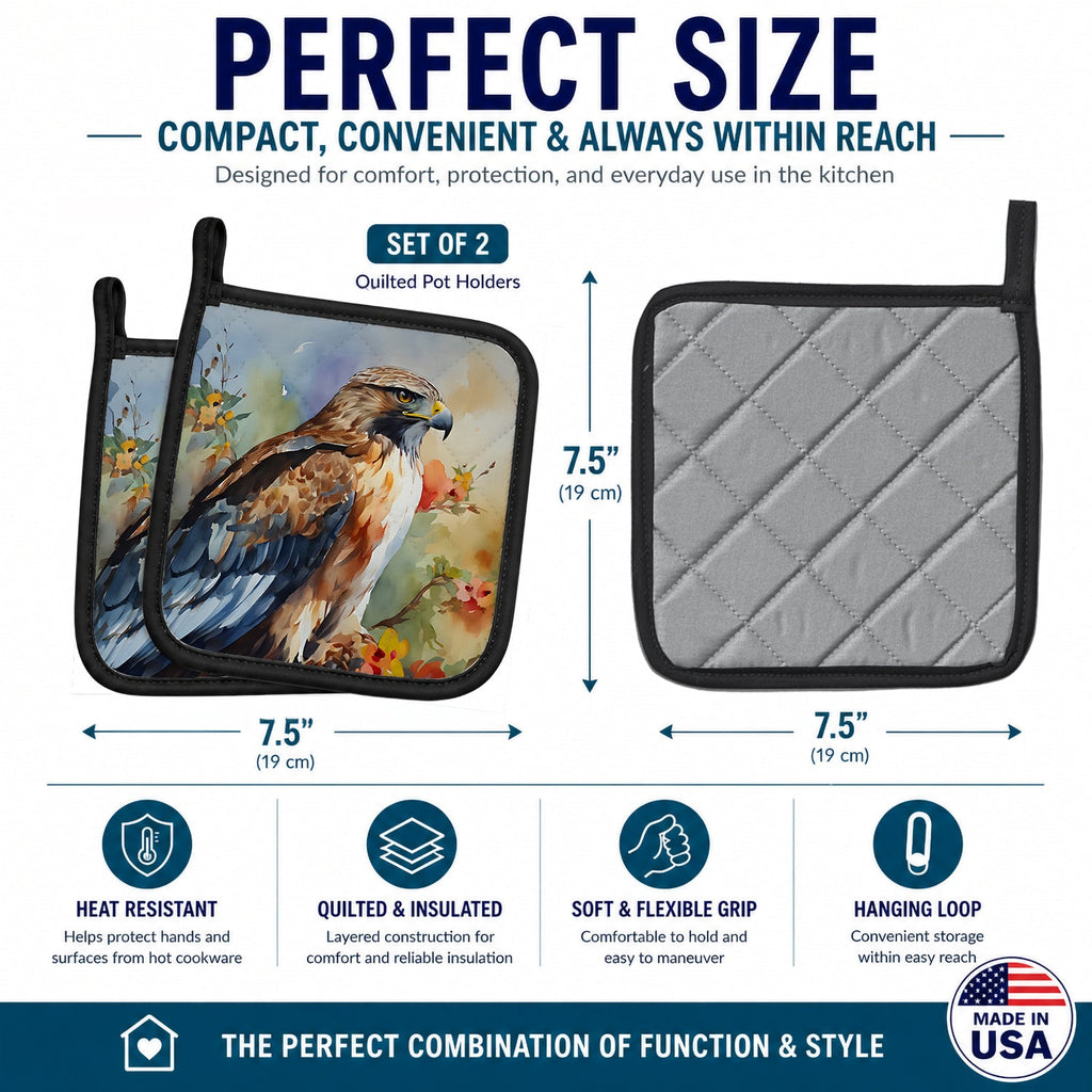 Red Tailed Hawk Portrait Wildlife Pot Holder Set of 2 Heat Resistant Quilted Hot Pads 7.5 x 7.5 Inch, Insulated Kitchen Trivets for Cooking & Baking