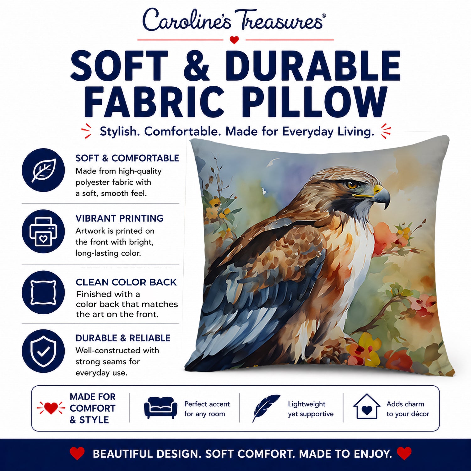 Red Tailed Hawk Portrait Wildlife Decorative Throw Pillow 14x14 Indoor Outdoor Accent Cushion, Fabric Cover with Insert for Sofa, Bed, Porch & Living Room