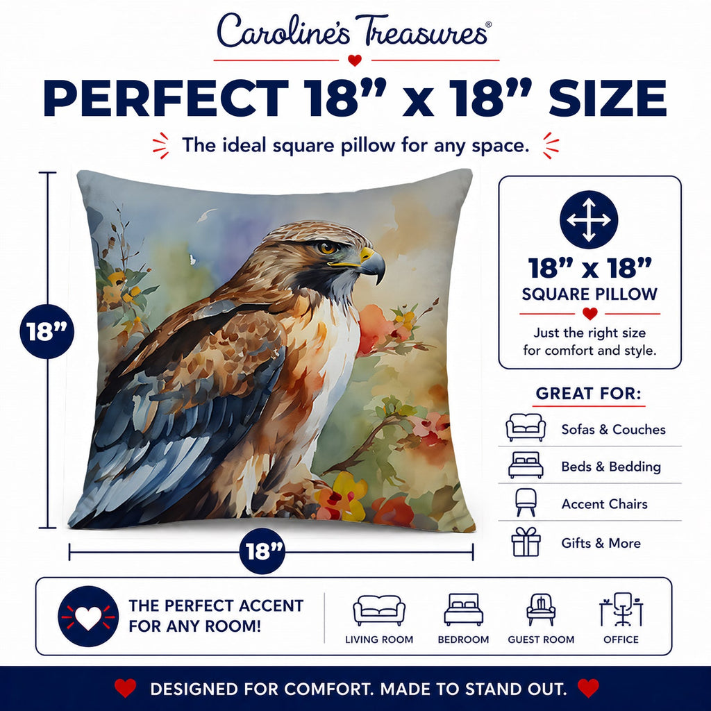 Red Tailed Hawk Portrait Wildlife Decorative Throw Pillow 18x18 Indoor Outdoor Accent Cushion, Fabric Cover with Insert for Sofa, Bed, Porch & Living Room