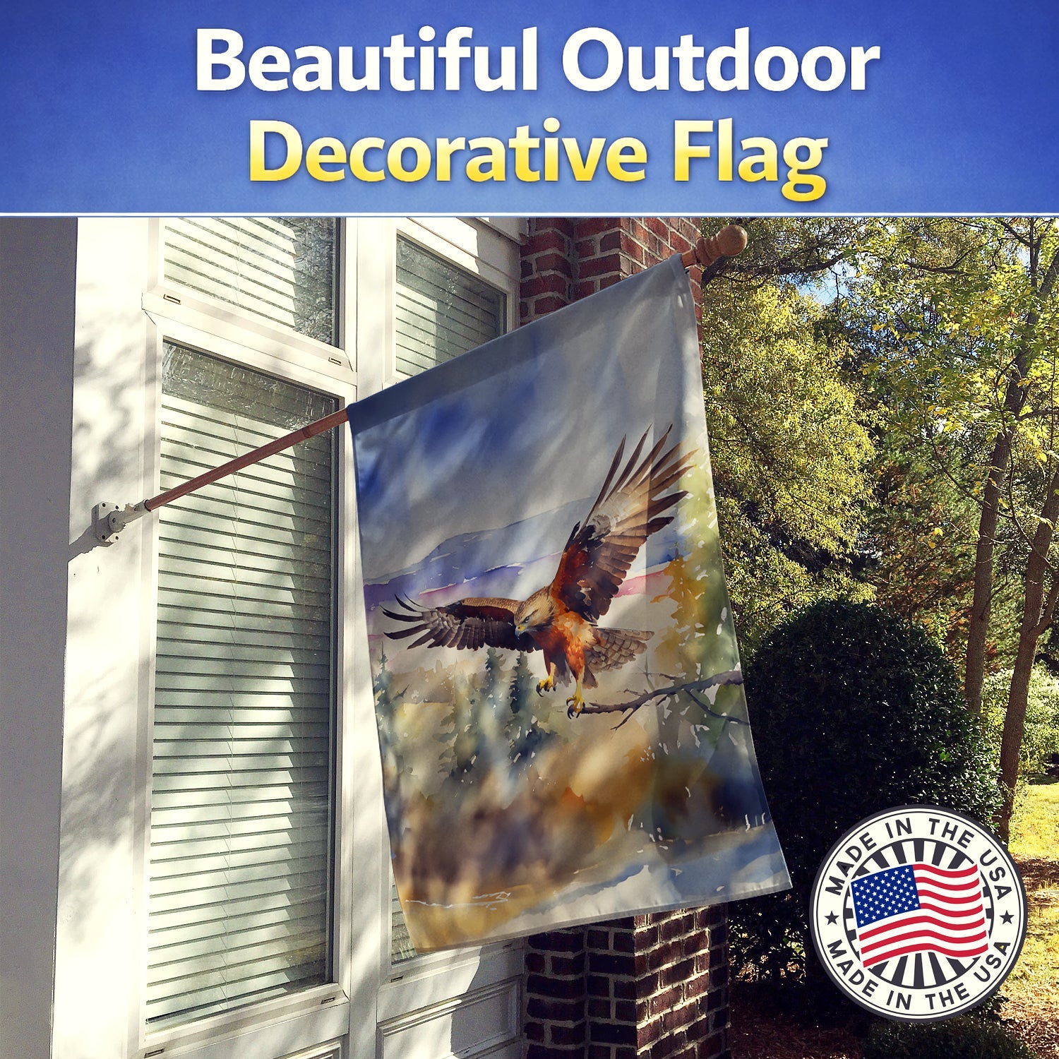 Red Tailed Hawk Flying Landscape House Flag 28x40 Porch Sleeve Pole Decorative Outside Yard Banner Artwork Wall Hanging, Polyester