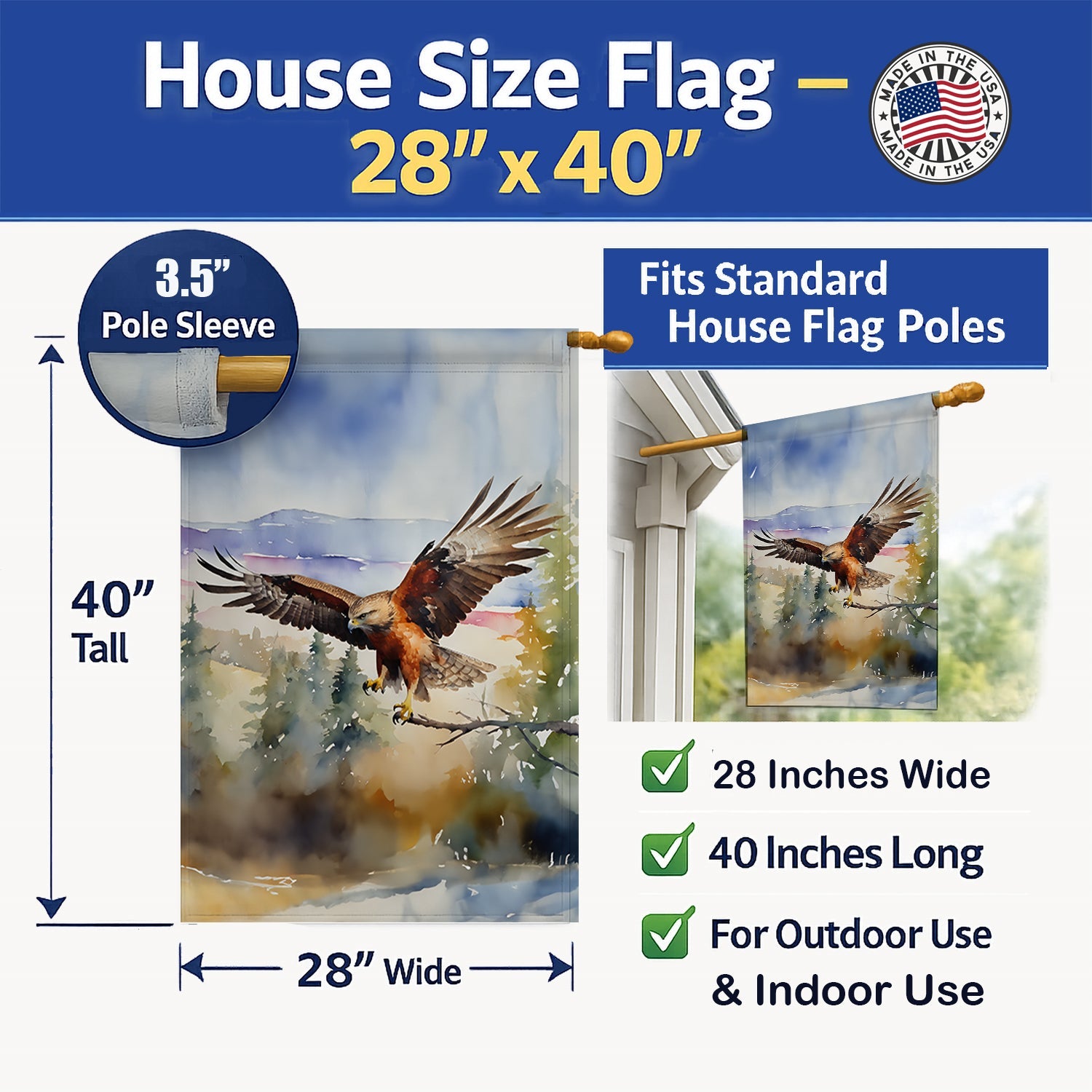 Red Tailed Hawk Flying Landscape House Flag 28x40 Porch Sleeve Pole Decorative Outside Yard Banner Artwork Wall Hanging, Polyester
