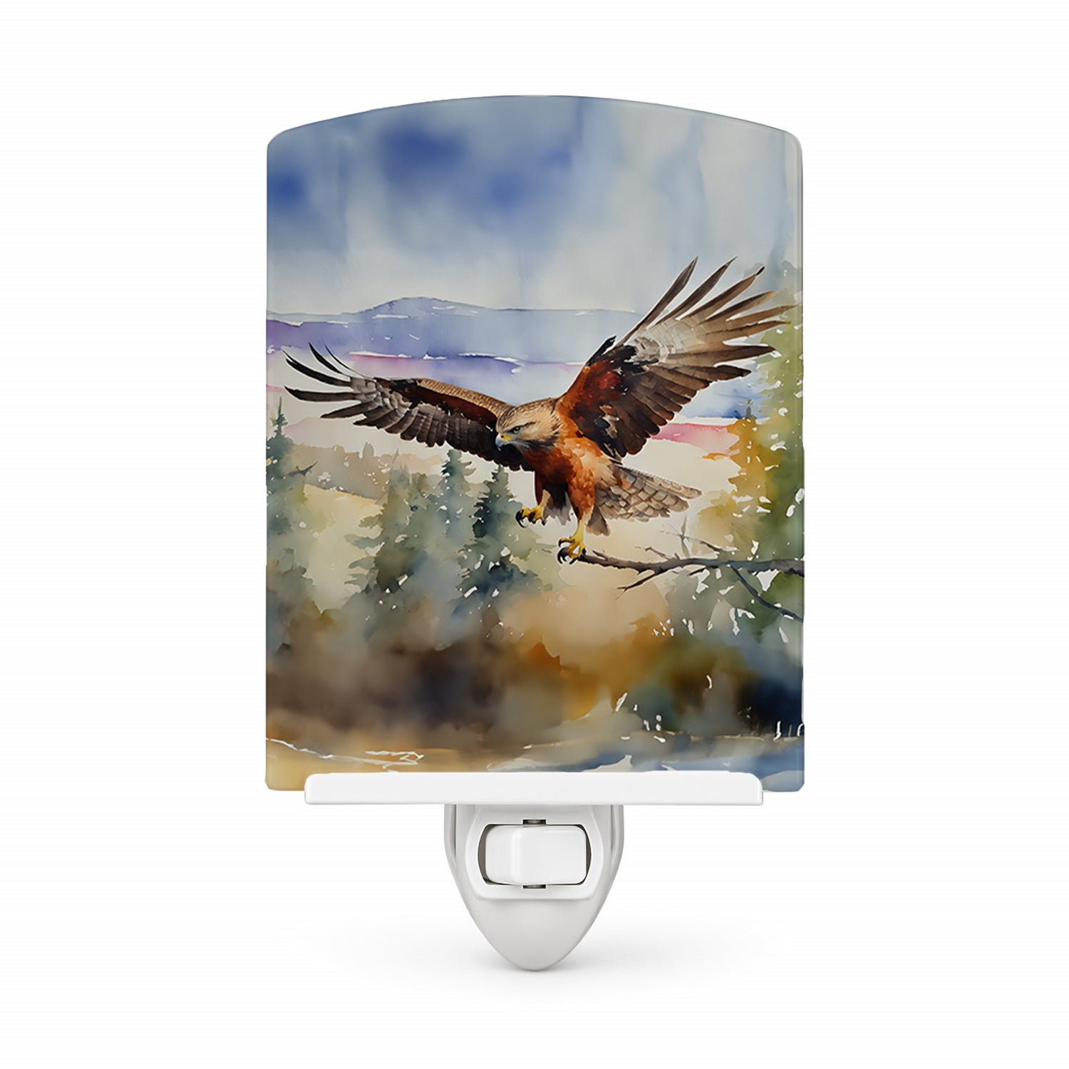 Red Tailed Hawk Flying Landscape Ceramic Night Light Compact, UL-Certified, Ideal for Bedroom, Bathroom, Nursery, Hallway, Kitchen, 6x4x3, Multicolor