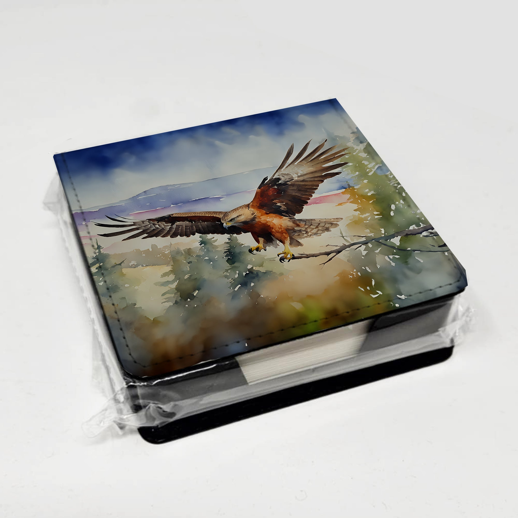 Red Tailed Hawk Flying Landscape PU Leather Note Paper Holder with Artist-Designed Cover, Desk Accessory, Office Gift