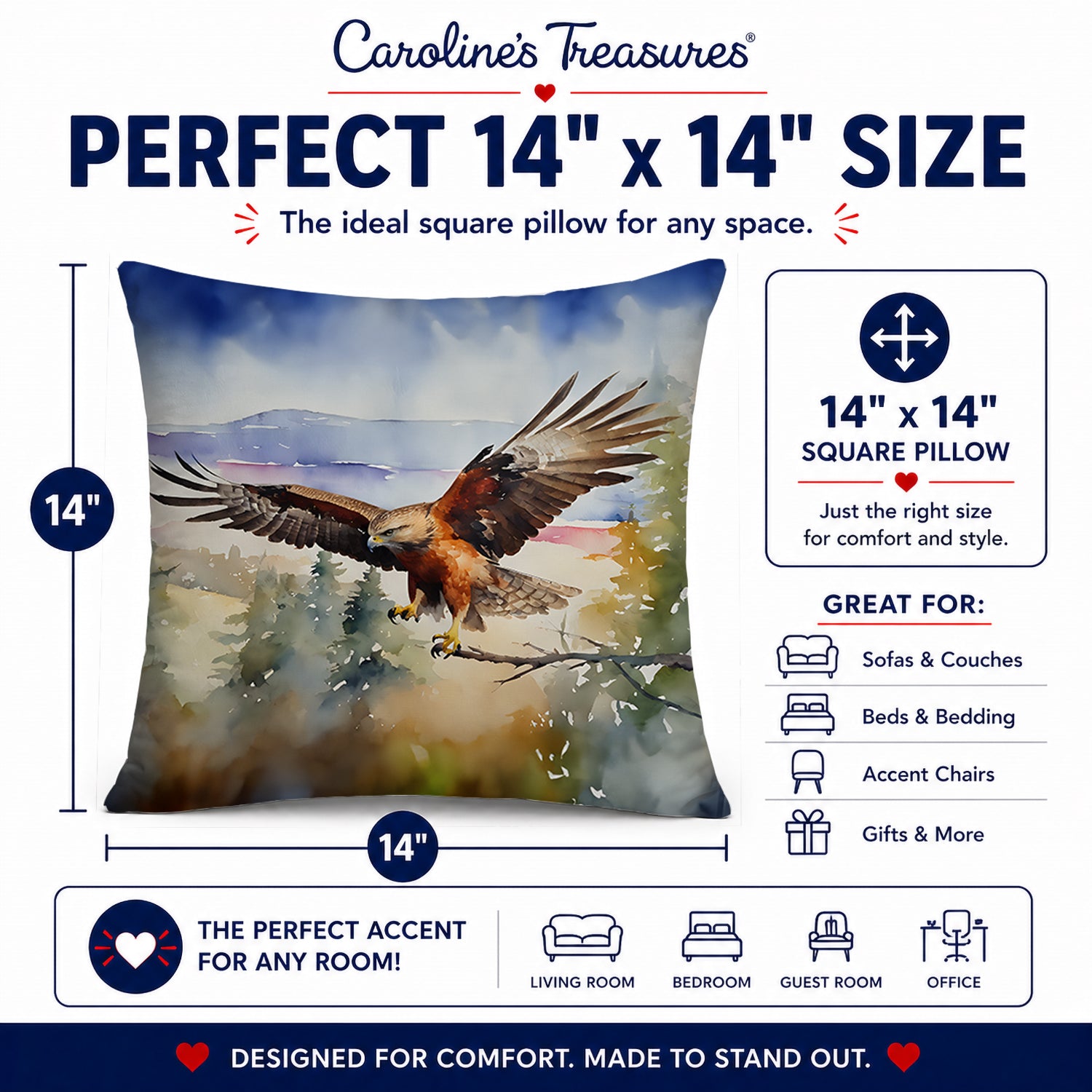 Red Tailed Hawk Flying Landscape Decorative Throw Pillow 14x14 Indoor Outdoor Accent Cushion, Fabric Cover with Insert for Sofa, Bed, Porch & Living Room