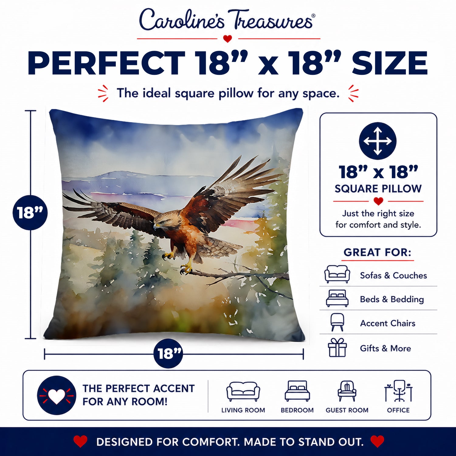 Red Tailed Hawk Flying Landscape Decorative Throw Pillow 18x18 Indoor Outdoor Accent Cushion, Fabric Cover with Insert for Sofa, Bed, Porch & Living Room