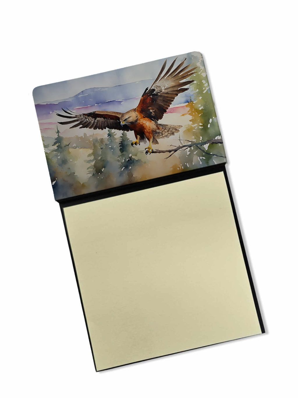 Red Tailed Hawk Flying Landscape Watercolor Sticky Note Holder Refillable Dispenser Desk Accessory 3x3 Pad Gift