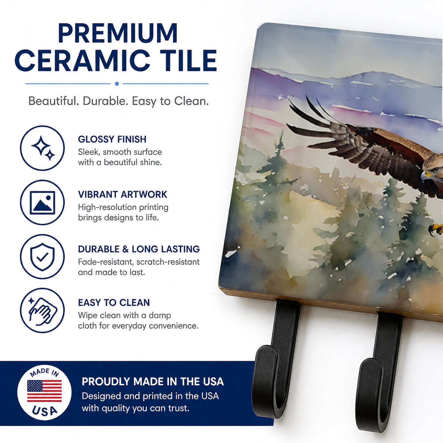 Red Tailed Hawk Flying Landscape Leash or Key Holder Wall Hooks, Coat Rack Wall Mount, for Hanging Keys, Towels, Aprons, Leashes