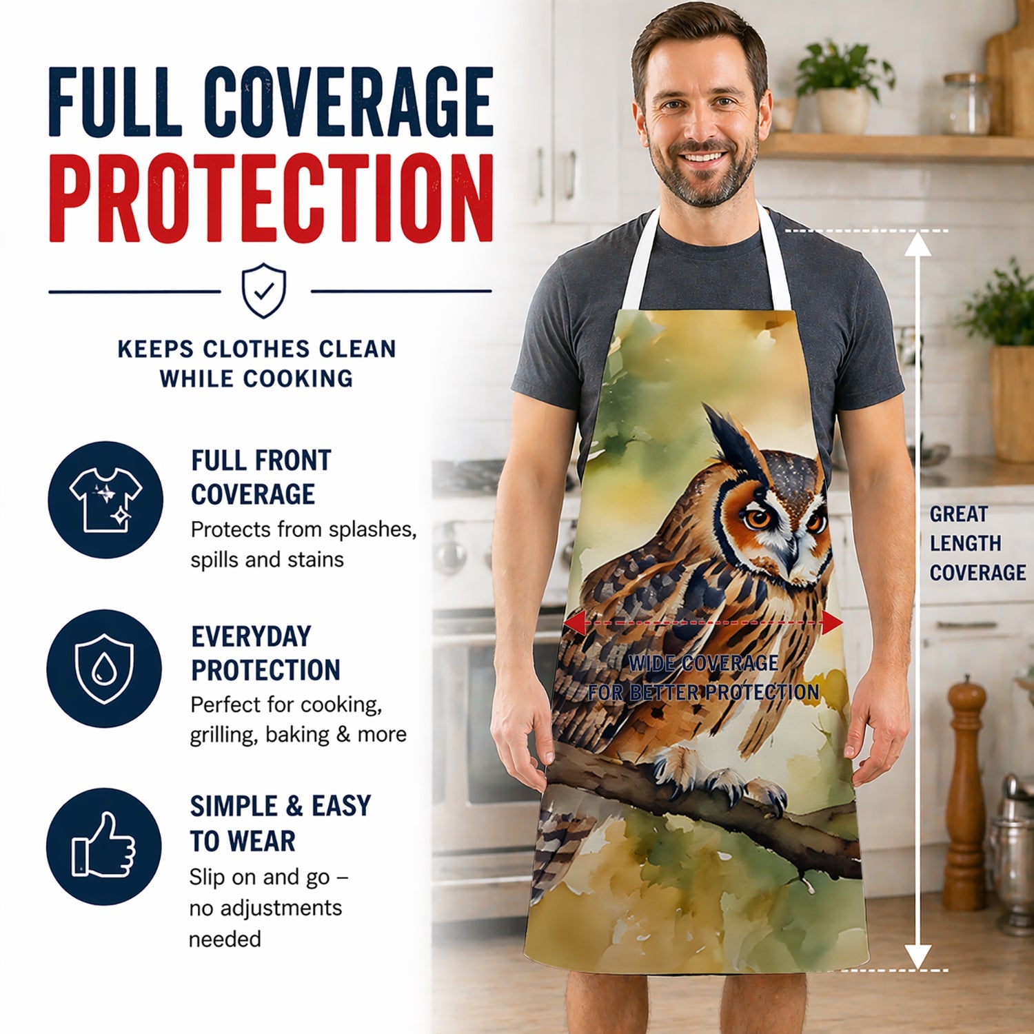 Long-Eared Owll Perched Branch Apron Cooking Kitchen Server Baking Crafts Gardening for Adult Women Men, Unisex, Large, Multicolor