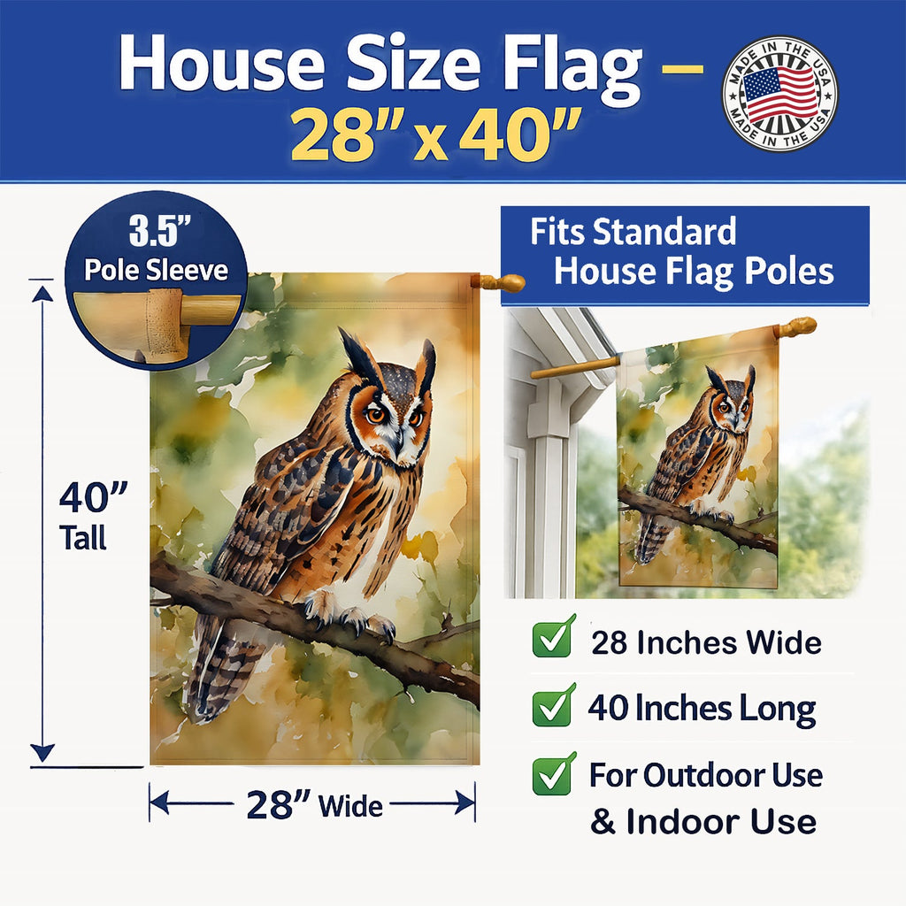 Long-Eared Owll Perched Branch House Flag 28x40 Porch Sleeve Pole Decorative Outside Yard Banner Artwork Wall Hanging, Polyester