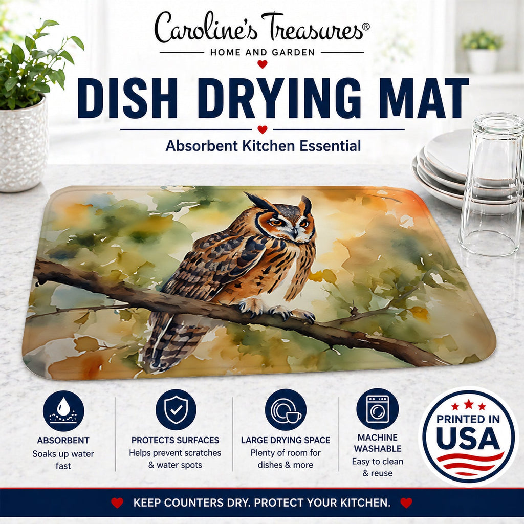 Long-Eared Owll Perched Branch Dish Drying Mat Absorbent Dish Drying Mat Pad for Kitchen Counter Dish Drainer Mat for Countertop, 14 x 21", Multicolor