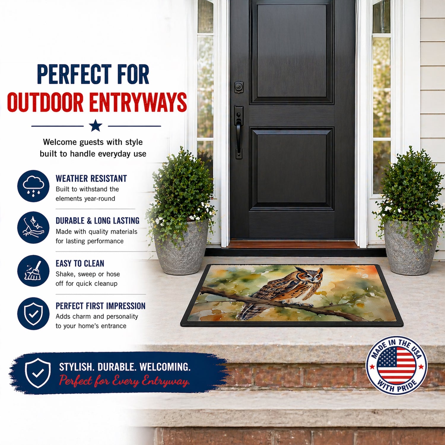 Long-Eared Owll Perched Branch Doormat Indoor Outdoor 24H X 36W Front Door Mat Rugs for Entryway, Non Slip Washable Low Pile,