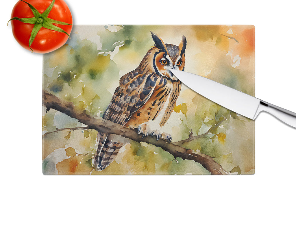 Long-Eared Owll Perched Branch Cutting Board Tempered Glass Kitchen Cutting Surface, Heat Resistant Chopping, Non-Slip Feet, Food Prep & Serving