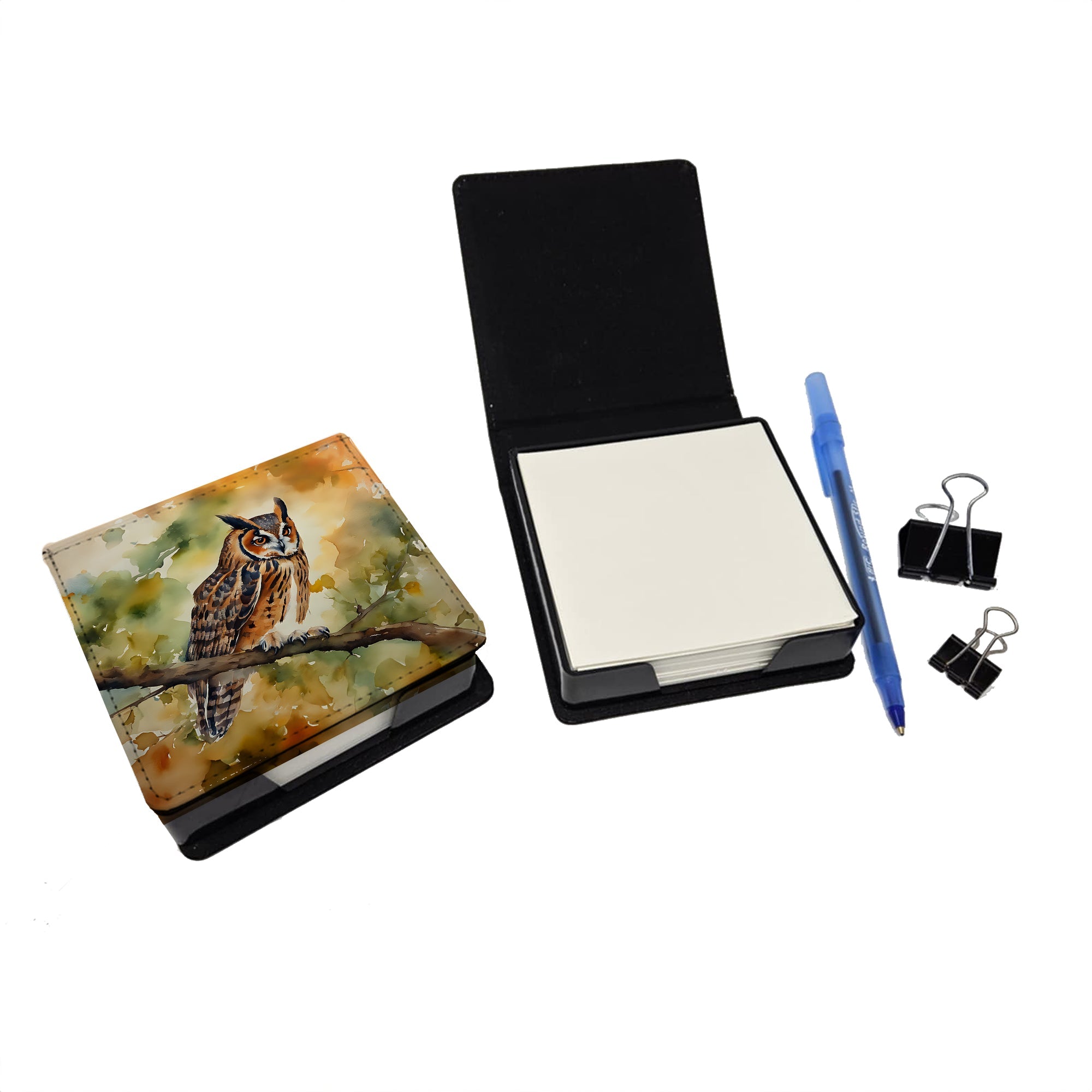 Long-Eared Owll Perched Branch PU Leather Note Paper Holder with Artist-Designed Cover, Desk Accessory, Office Gift