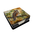 Long-Eared Owll Perched Branch PU Leather Note Paper Holder with Artist-Designed Cover, Desk Accessory, Office Gift