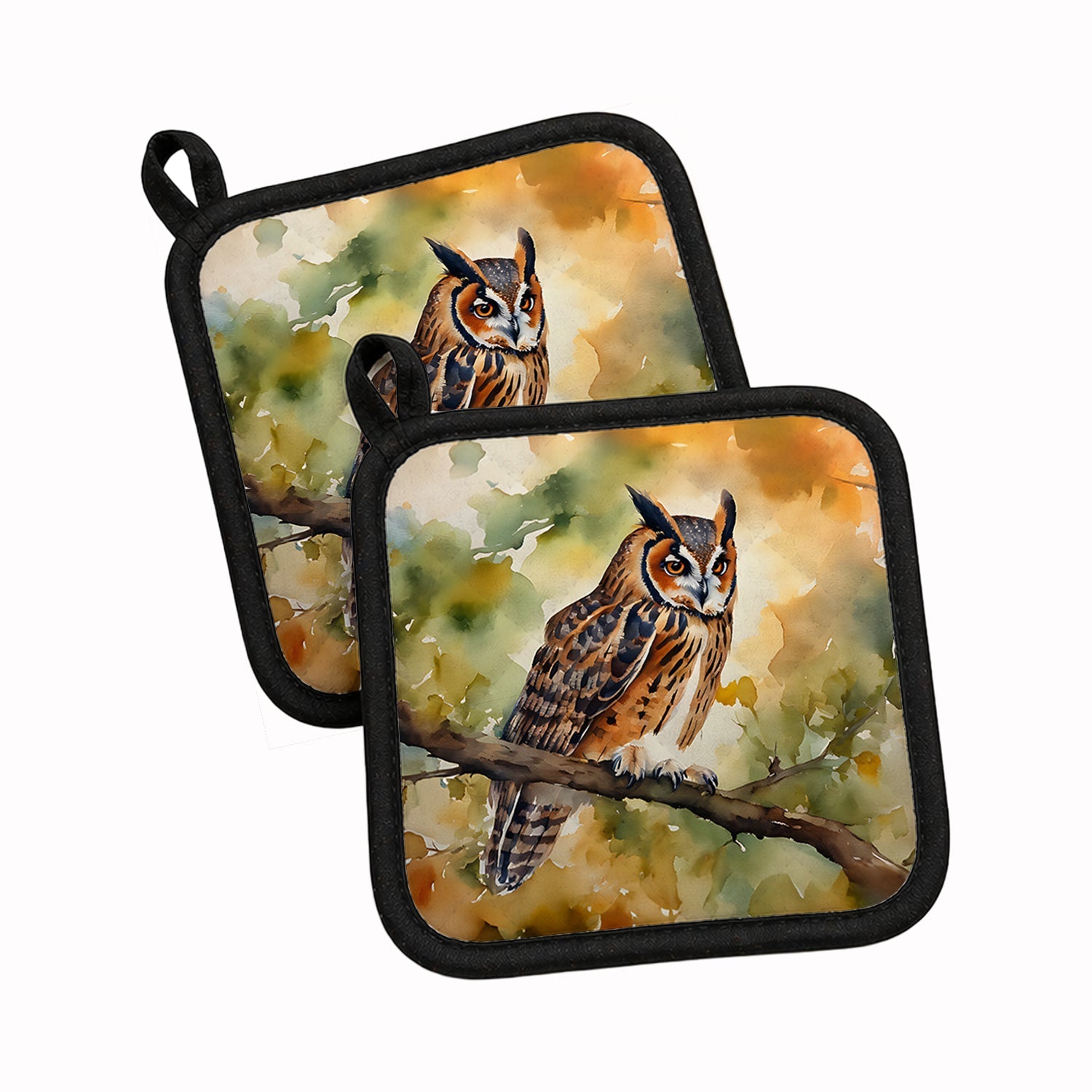 Long-Eared Owll Perched Branch Pot Holder Set of 2 Heat Resistant Quilted Hot Pads 7.5 x 7.5 Inch, Insulated Kitchen Trivets for Cooking & Baking