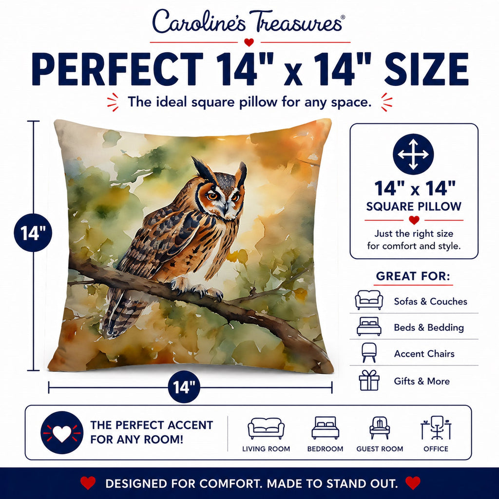 Long-Eared Owll Perched Branch Decorative Throw Pillow 14x14 Indoor Outdoor Accent Cushion, Fabric Cover with Insert for Sofa, Bed, Porch & Living Room