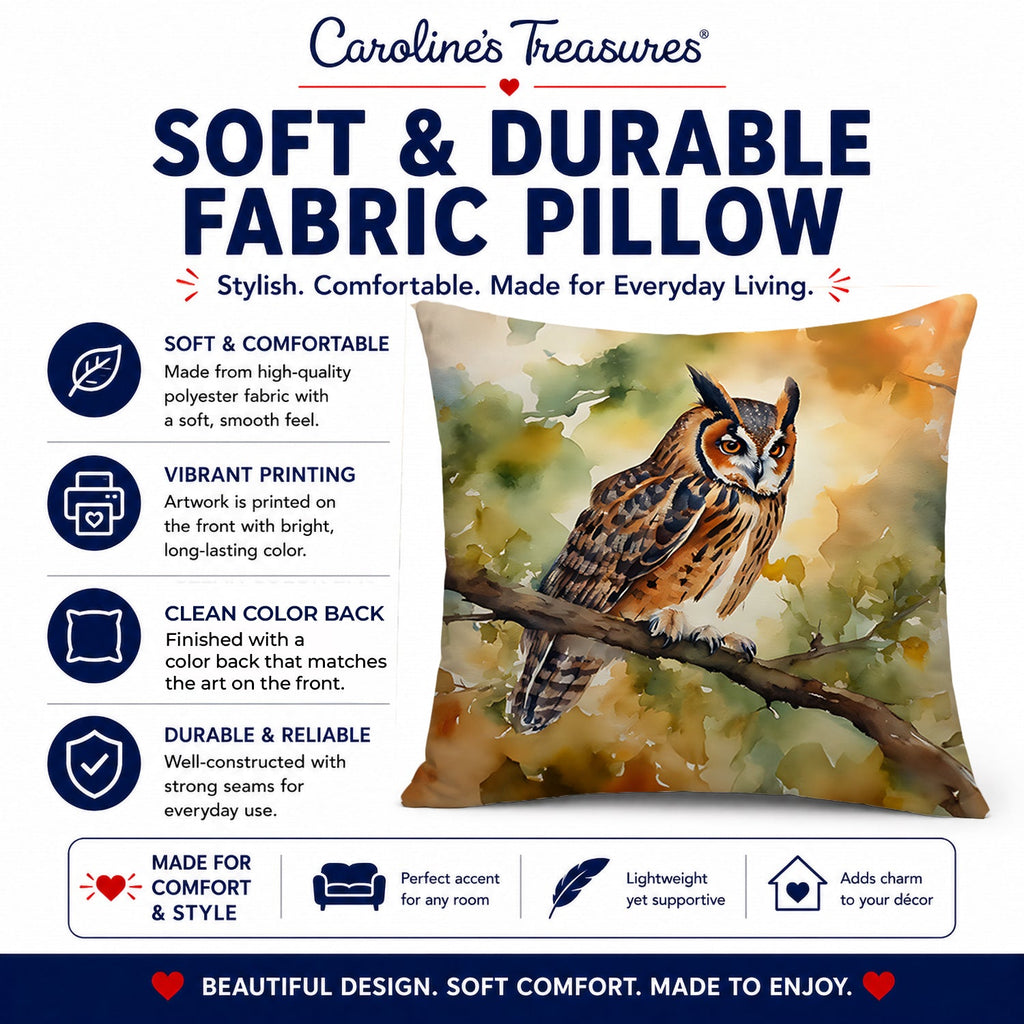 Long-Eared Owll Perched Branch Decorative Throw Pillow 18x18 Indoor Outdoor Accent Cushion, Fabric Cover with Insert for Sofa, Bed, Porch & Living Room