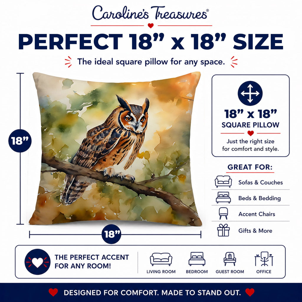 Long-Eared Owll Perched Branch Decorative Throw Pillow 18x18 Indoor Outdoor Accent Cushion, Fabric Cover with Insert for Sofa, Bed, Porch & Living Room