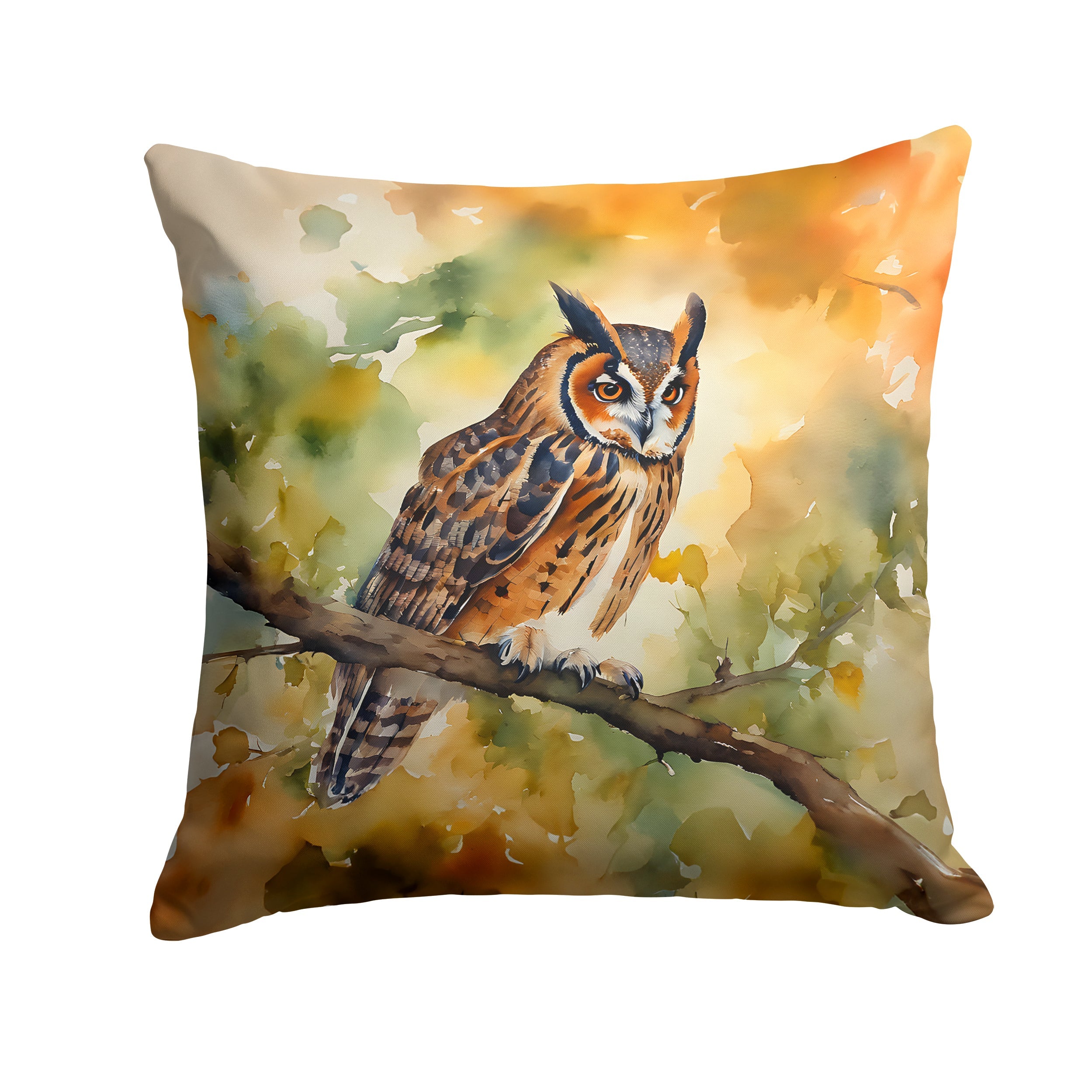 Long-Eared Owll Perched Branch Decorative Throw Pillow 18x18 Indoor Outdoor Accent Cushion, Fabric Cover with Insert for Sofa, Bed, Porch & Living Room