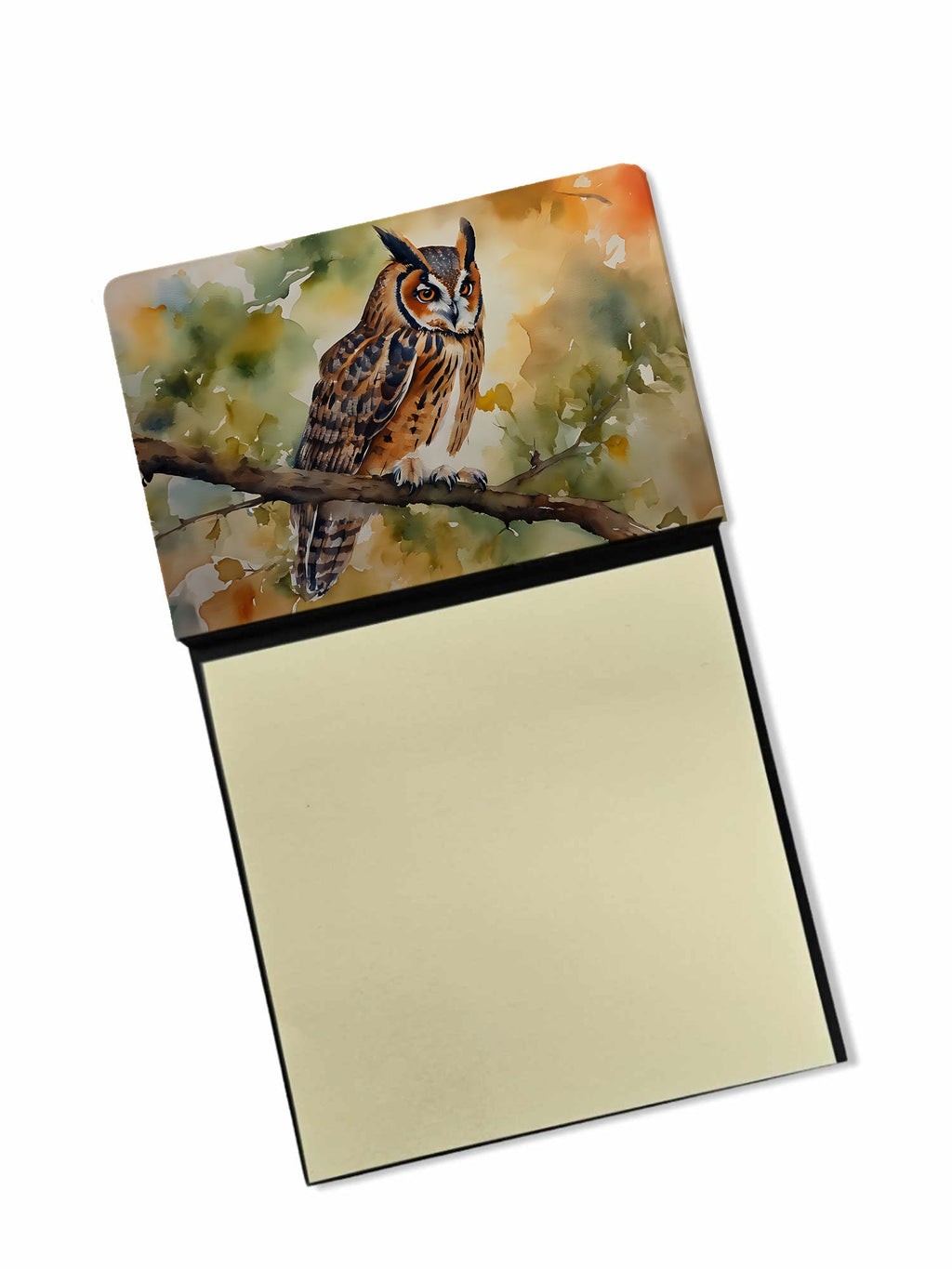 Long-Eared Owll Perched Branch Watercolor Sticky Note Holder Refillable Dispenser Desk Accessory 3x3 Pad Gift
