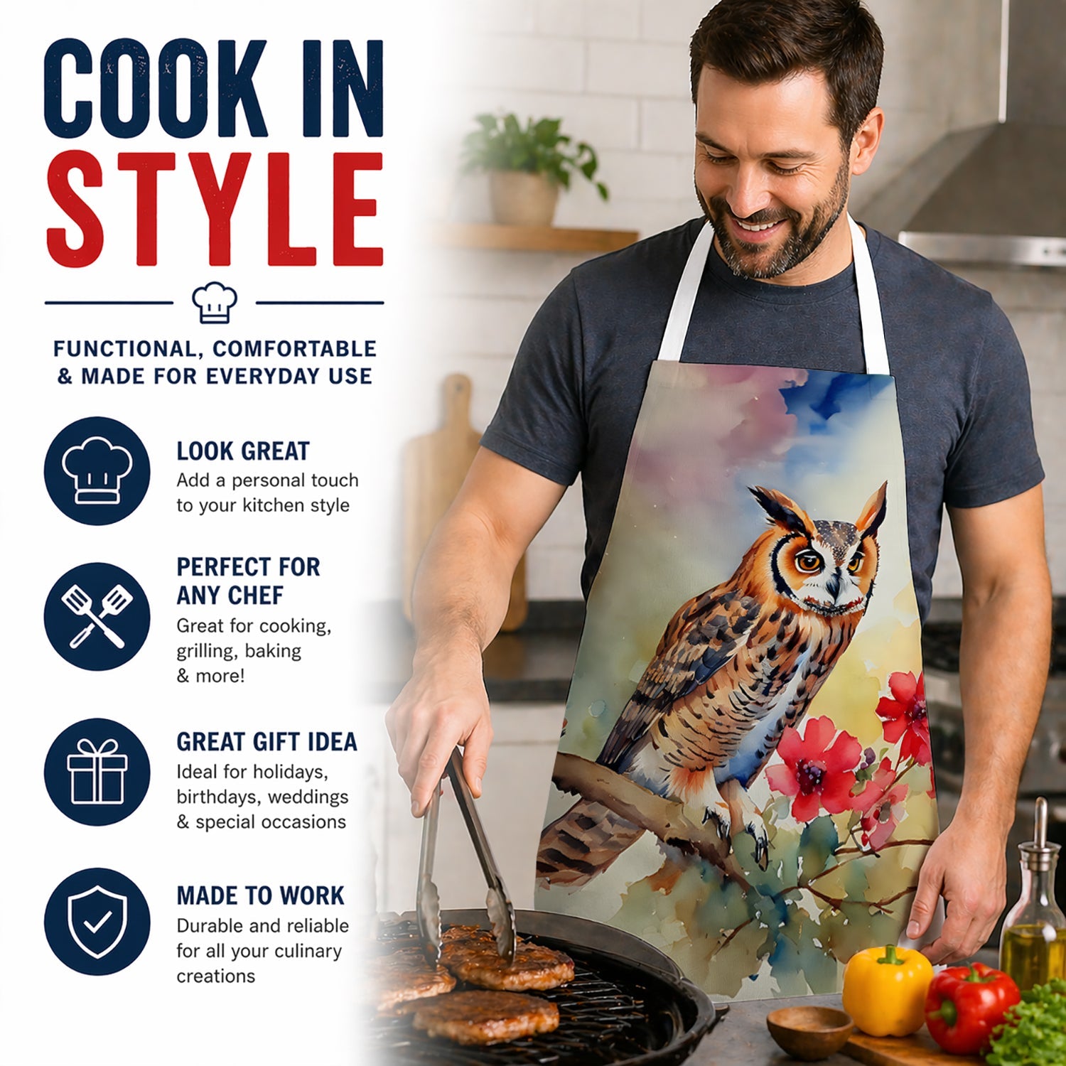 Long-Eared Owl with Blossoms Apron Cooking Kitchen Server Baking Crafts Gardening for Adult Women Men, Unisex, Large, Multicolor