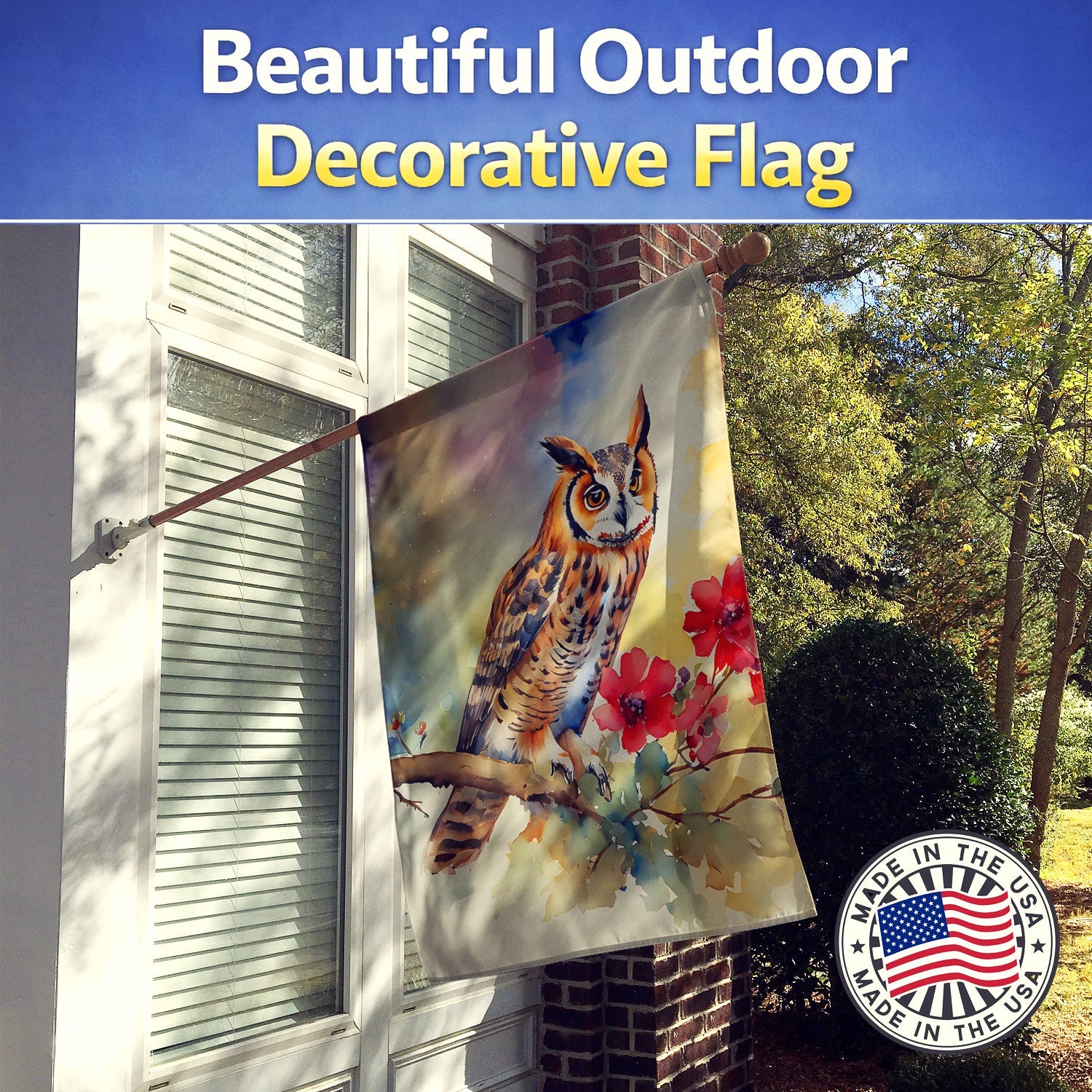 Long-Eared Owl with Blossoms House Flag 28x40 Porch Sleeve Pole Decorative Outside Yard Banner Artwork Wall Hanging, Polyester