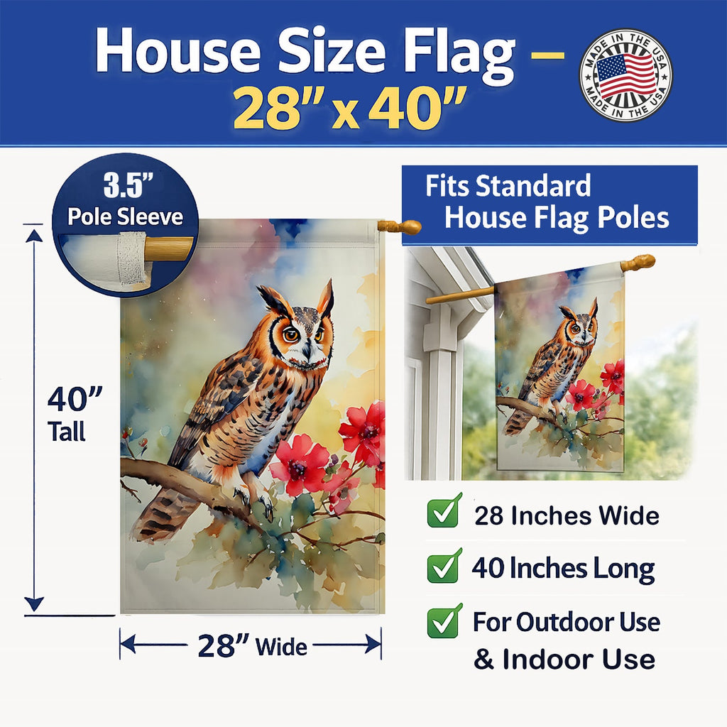 Long-Eared Owl with Blossoms House Flag 28x40 Porch Sleeve Pole Decorative Outside Yard Banner Artwork Wall Hanging, Polyester
