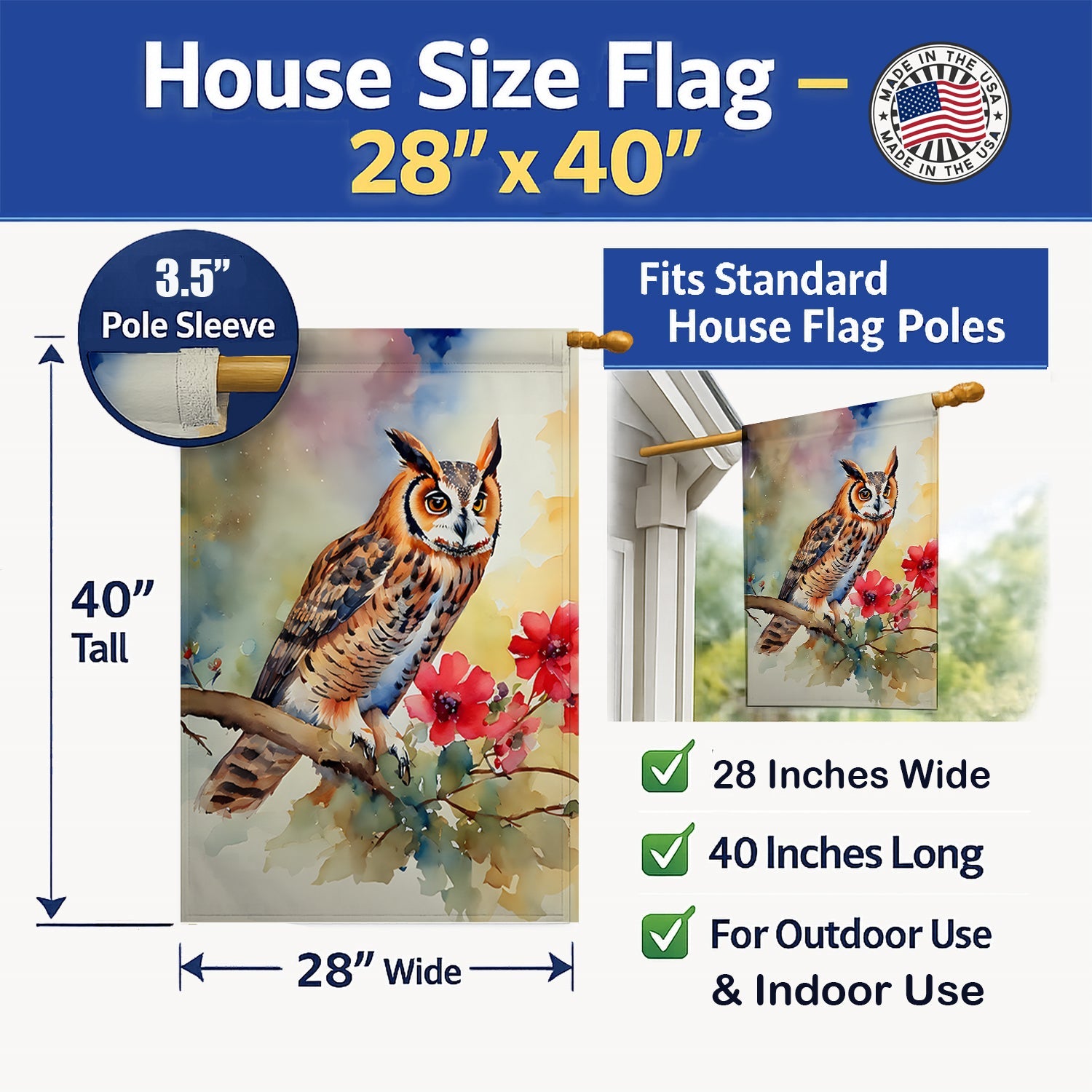 Long-Eared Owl with Blossoms House Flag 28x40 Porch Sleeve Pole Decorative Outside Yard Banner Artwork Wall Hanging, Polyester