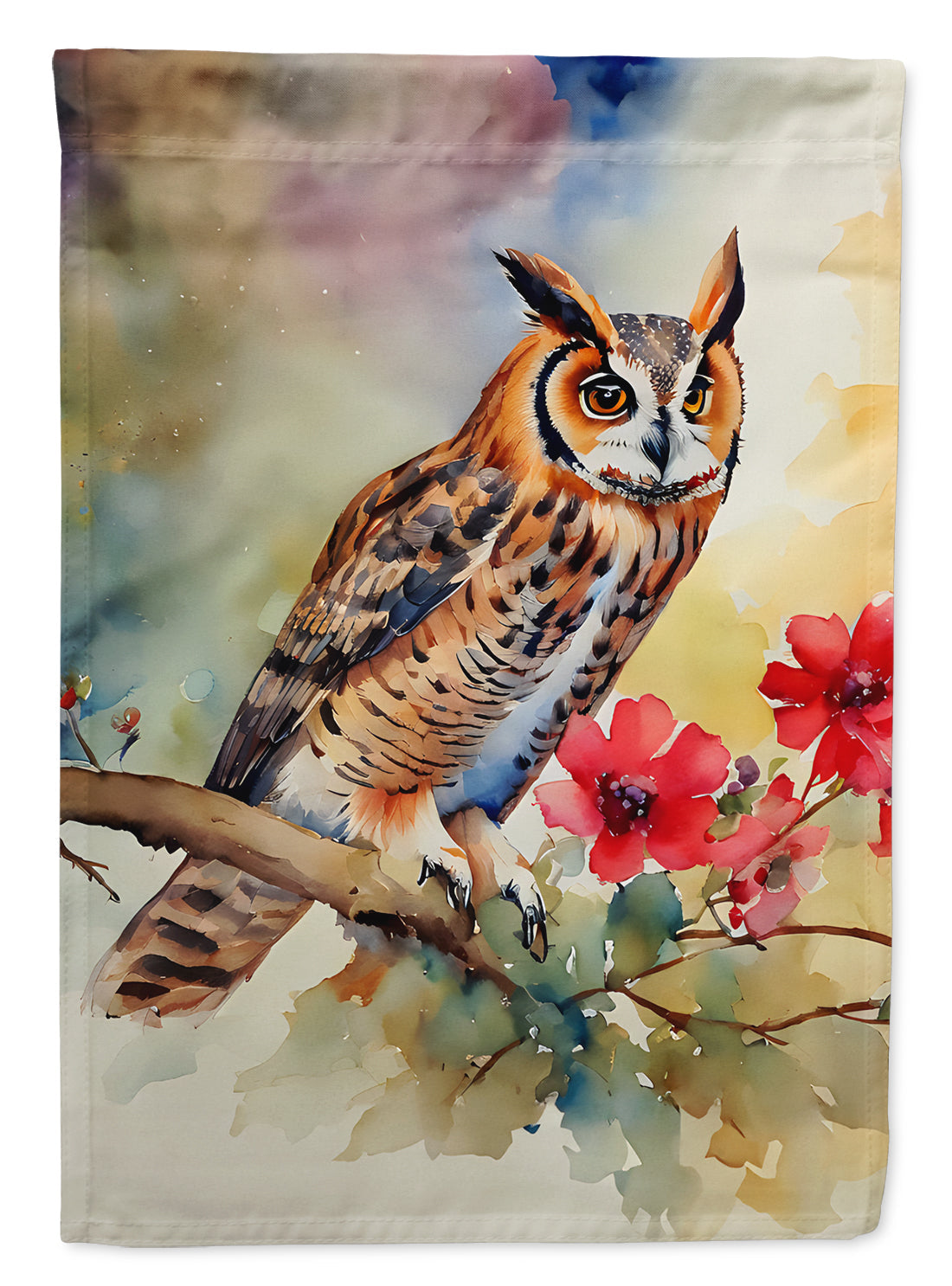 Long-Eared Owl with Blossoms House Flag 28x40 Porch Sleeve Pole Decorative Outside Yard Banner Artwork Wall Hanging, Polyester