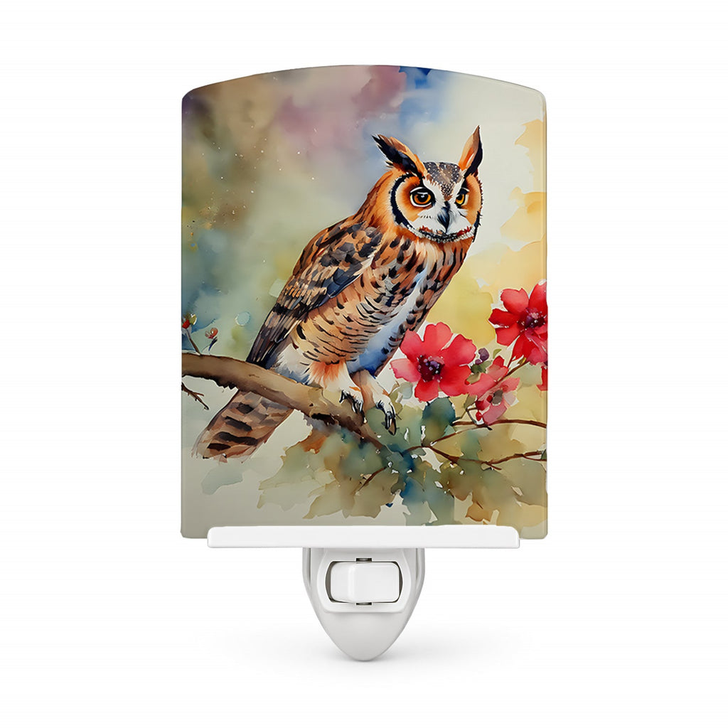 Long-Eared Owl with Blossoms Ceramic Night Light Compact, UL-Certified, Ideal for Bedroom, Bathroom, Nursery, Hallway, Kitchen, 6x4x3, Multicolor