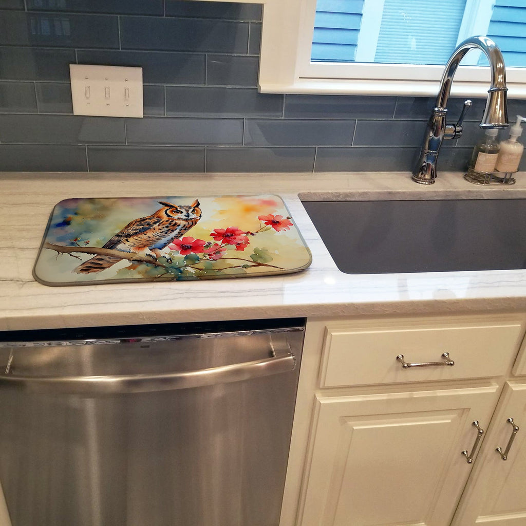 Long-Eared Owl with Blossoms Dish Drying Mat Absorbent Dish Drying Mat Pad for Kitchen Counter Dish Drainer Mat for Countertop, 14 x 21", Multicolor