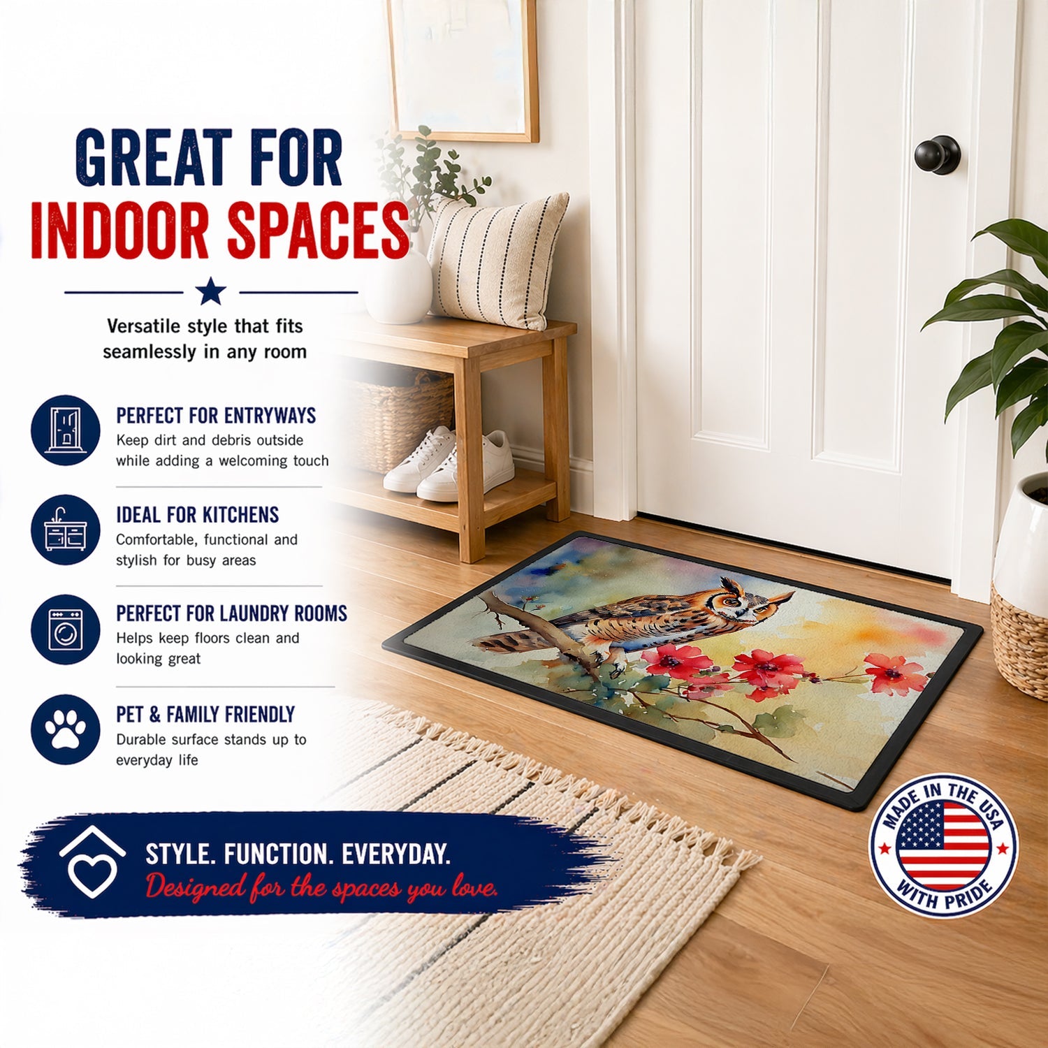 Long-Eared Owl with Blossoms Doormat Indoor Outdoor 24H X 36W Front Door Mat Rugs for Entryway, Non Slip Washable Low Pile,