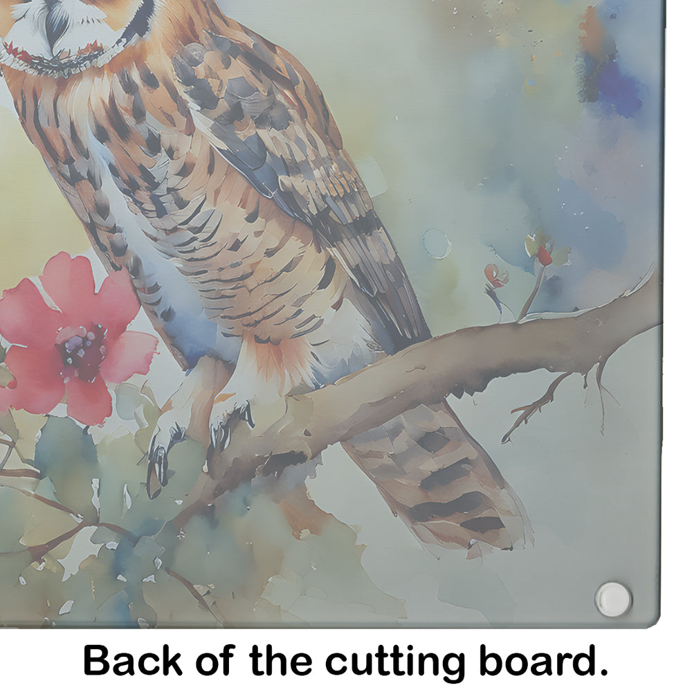 Long-Eared Owl with Blossoms Cutting Board Tempered Glass Kitchen Cutting Surface, Heat Resistant Chopping, Non-Slip Feet, Food Prep & Serving