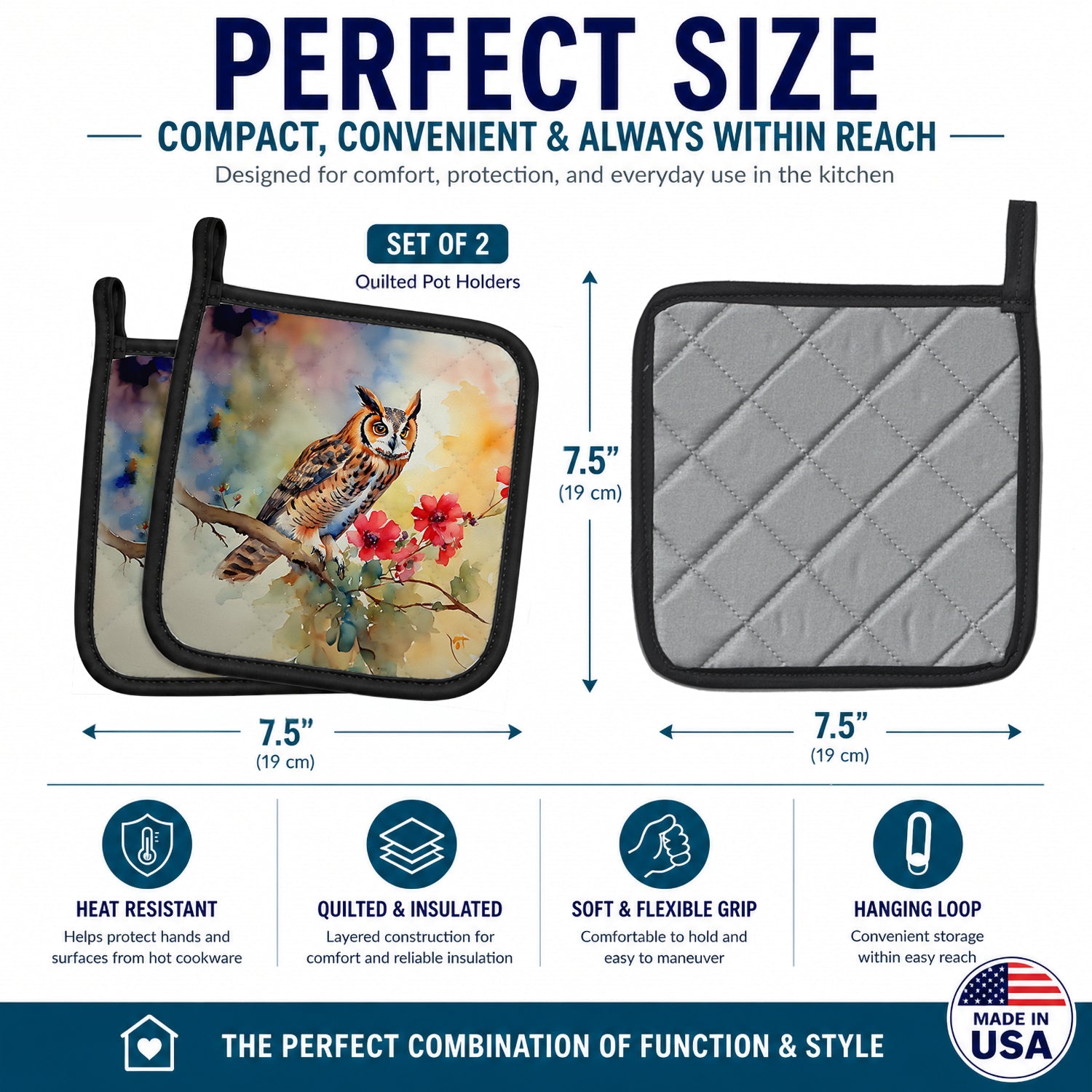 Long-Eared Owl with Blossoms Pot Holder Set of 2 Heat Resistant Quilted Hot Pads 7.5 x 7.5 Inch, Insulated Kitchen Trivets for Cooking & Baking