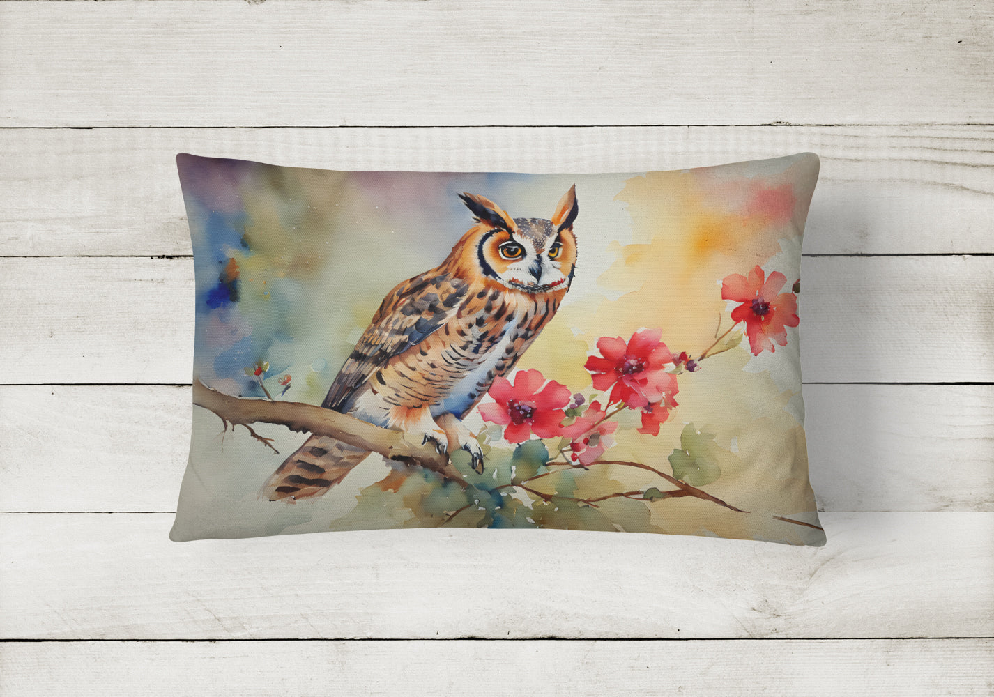 Long-Eared Owl with Blossoms Decorative Throw Pillow 12x16 Indoor Outdoor Accent Cushion, Fabric Cover with Insert for Sofa, Bed, Porch & Living Room