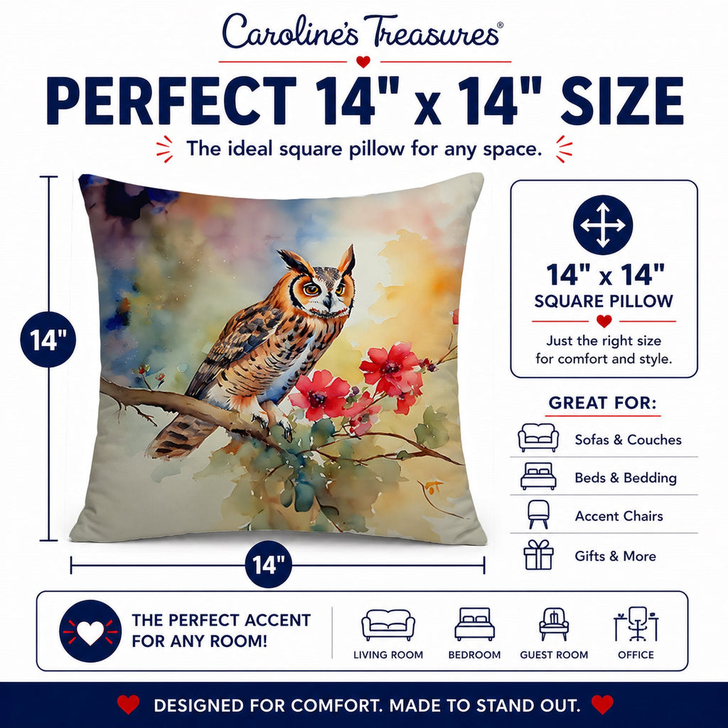 Long-Eared Owl with Blossoms Decorative Throw Pillow 14x14 Indoor Outdoor Accent Cushion, Fabric Cover with Insert for Sofa, Bed, Porch & Living Room