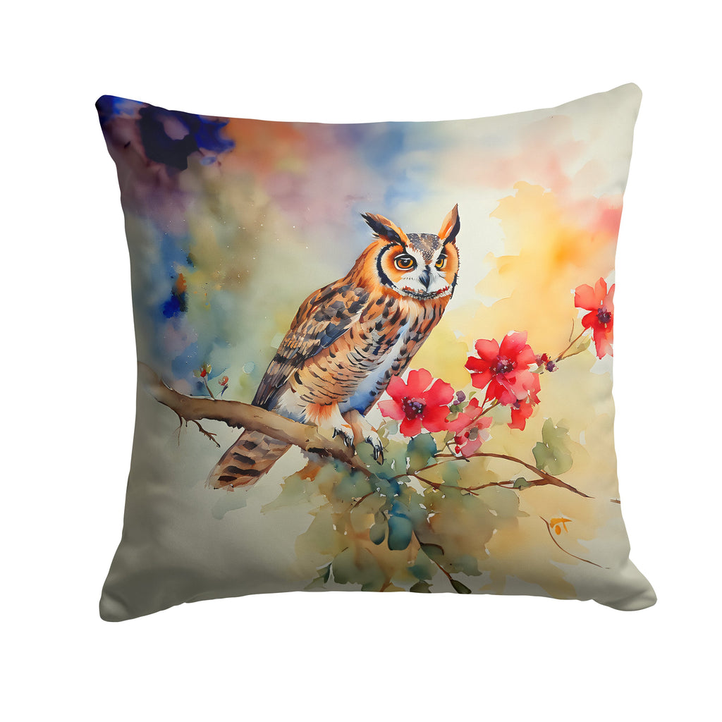 Long-Eared Owl with Blossoms Decorative Throw Pillow 14x14 Indoor Outdoor Accent Cushion, Fabric Cover with Insert for Sofa, Bed, Porch & Living Room