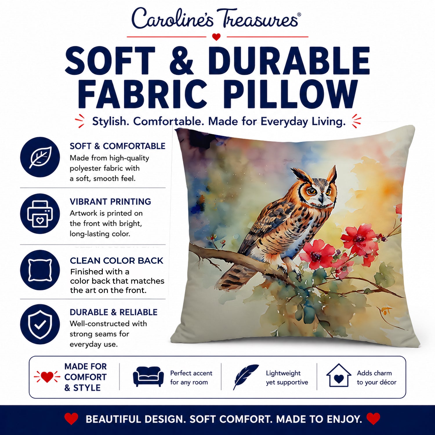 Long-Eared Owl with Blossoms Decorative Throw Pillow 18x18 Indoor Outdoor Accent Cushion, Fabric Cover with Insert for Sofa, Bed, Porch & Living Room