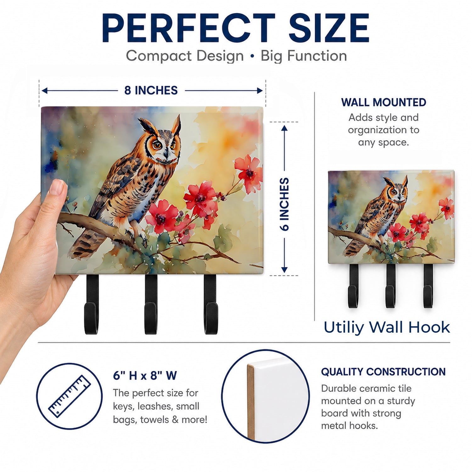 Long-Eared Owl with Blossoms Leash or Key Holder Wall Hooks, Coat Rack Wall Mount, for Hanging Keys, Towels, Aprons, Leashes